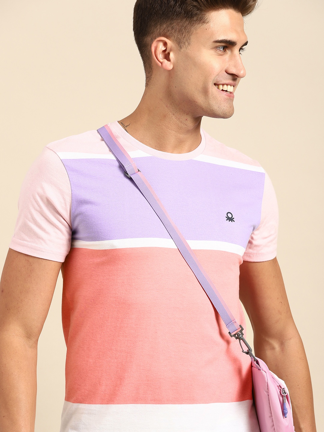 

United Colors of Benetton Men Purple & Coral Pink Colourblocked T-shirt