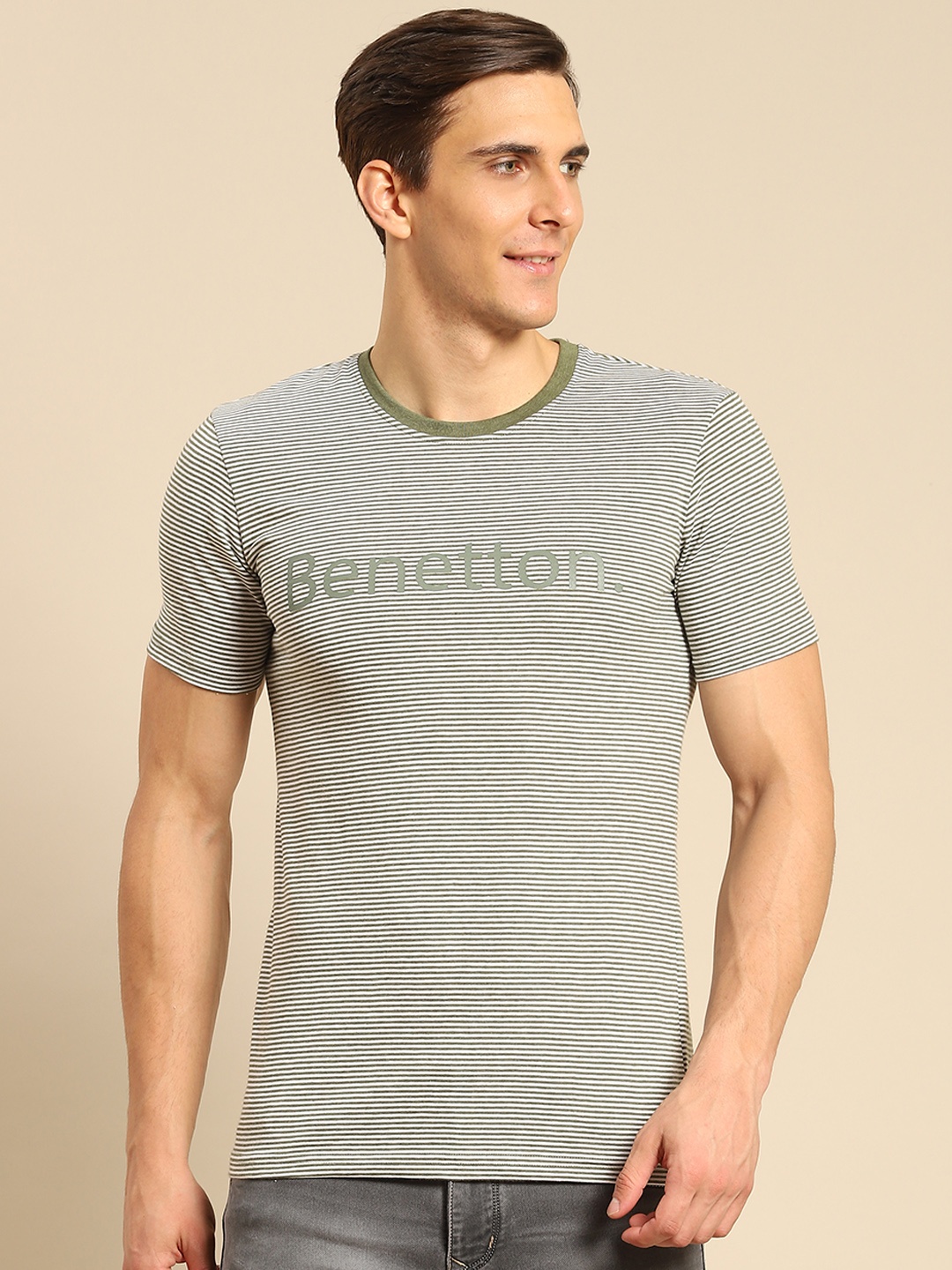 

United Colors of Benetton Men Olive Green & White Brand Logo Striped T-shirt