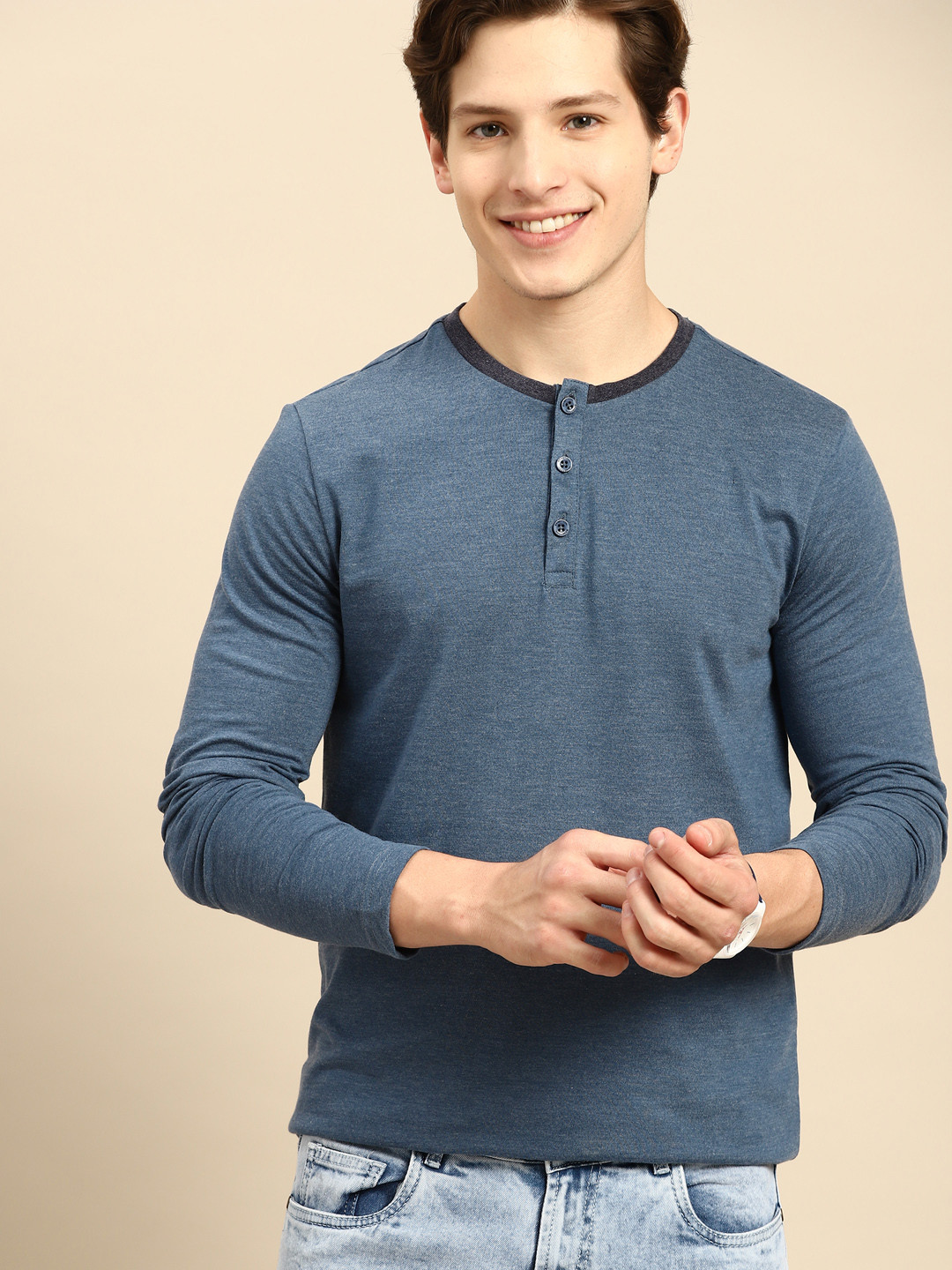 

United Colors of Benetton Men Navy Blue with Melange Effect Henley Neck T-shirt