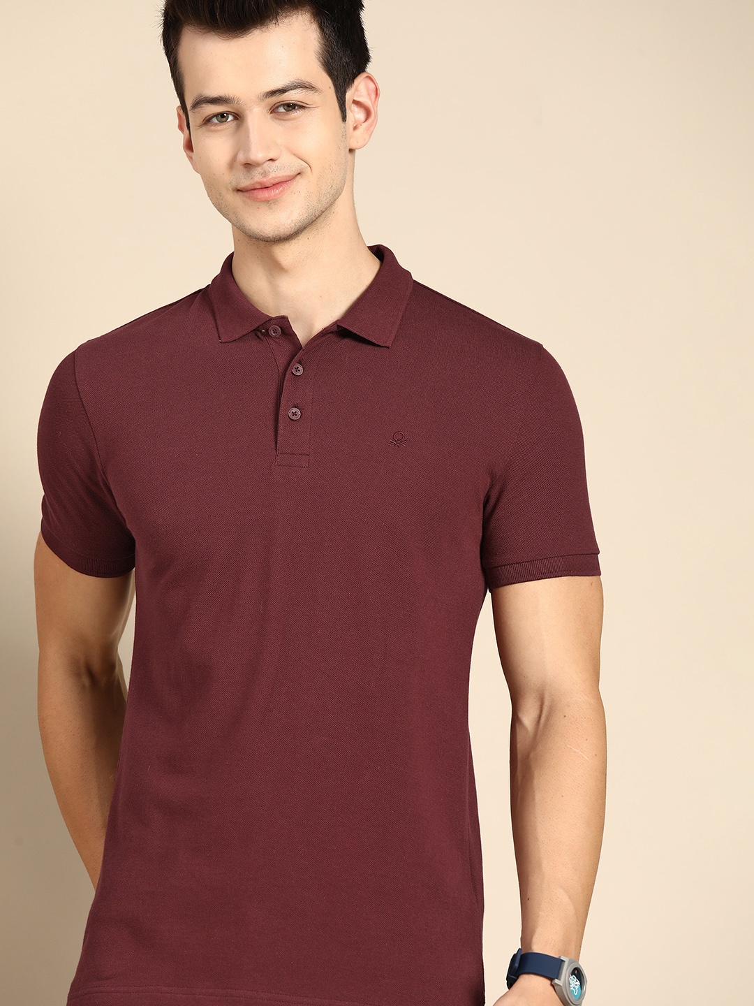 

United Colors of Benetton Men Burgundy Polo Collar Pure Cotton T-shirt
