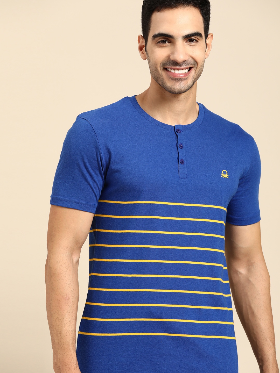 

United Colors of Benetton Men Blue & Yellow Striped Henley Neck T-shirt