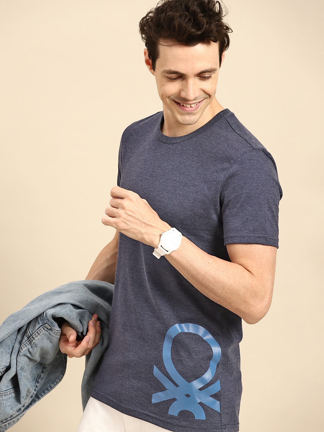

United Colors of Benetton Men Navy Blue with Melange Effect Brand Logo Printed T-shirt