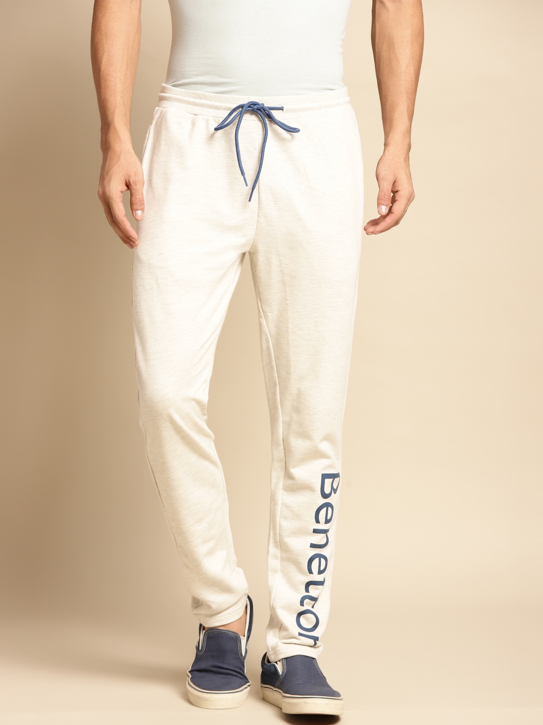

United Colors of Benetton Men Off-White Melange Effect Brand Logo Printed Track Pants