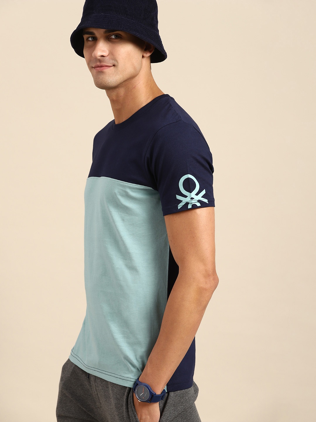 

United Colors of Benetton Men Blue Colourblocked Pure Cotton T-shirt