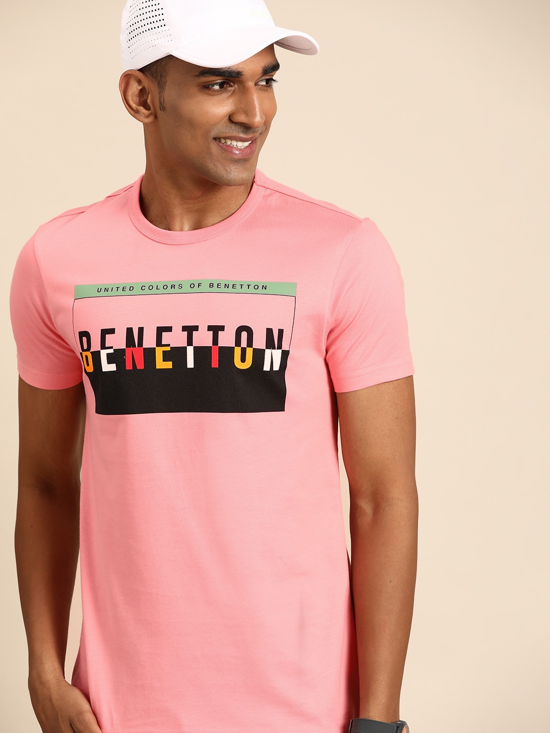 

United Colors of Benetton Men Pink & Black Brand Logo Printed Pure Cotton T-shirt