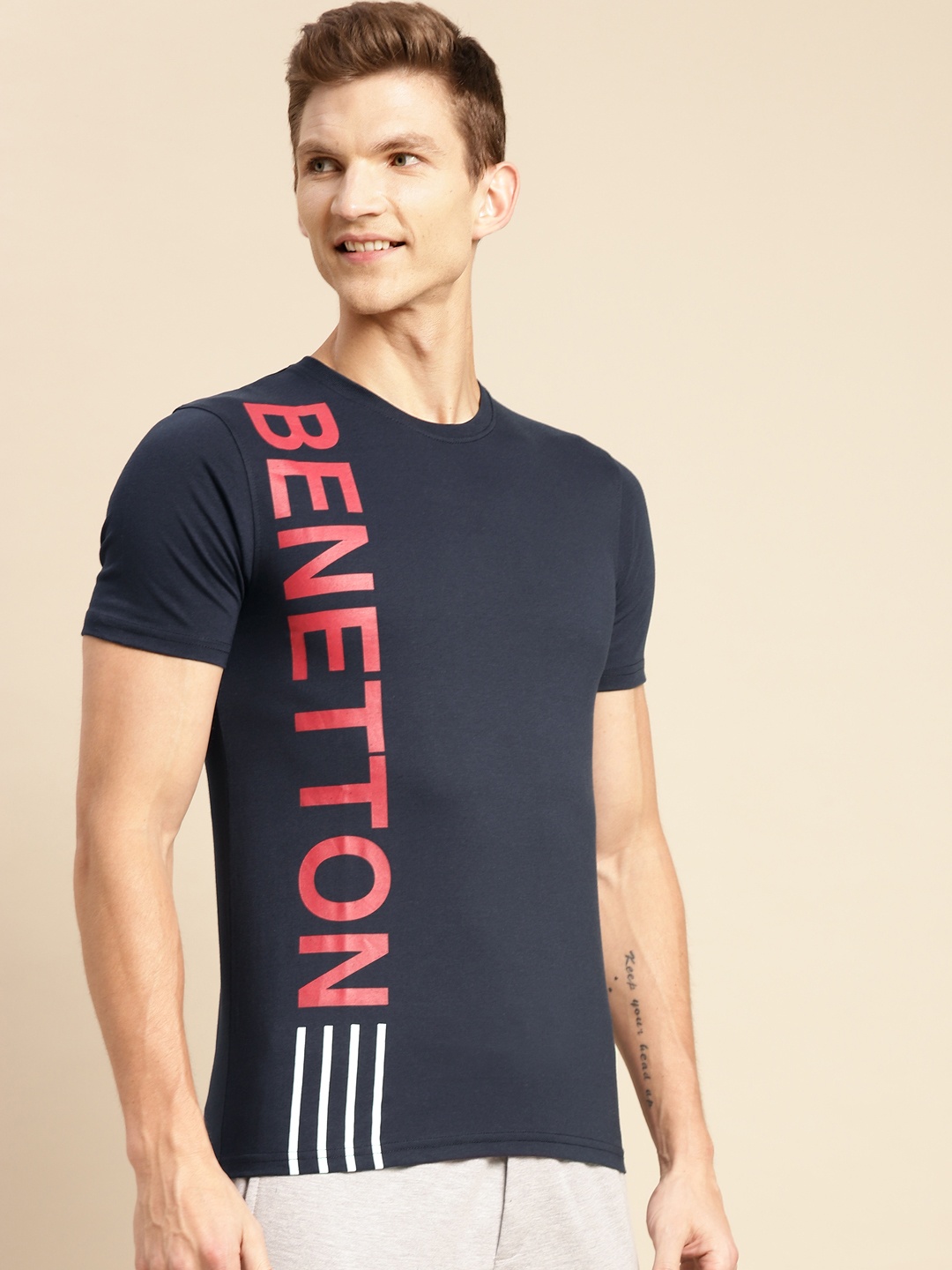 

United Colors of Benetton Men Navy Blue & Red Brand Logo Printed T-shirt