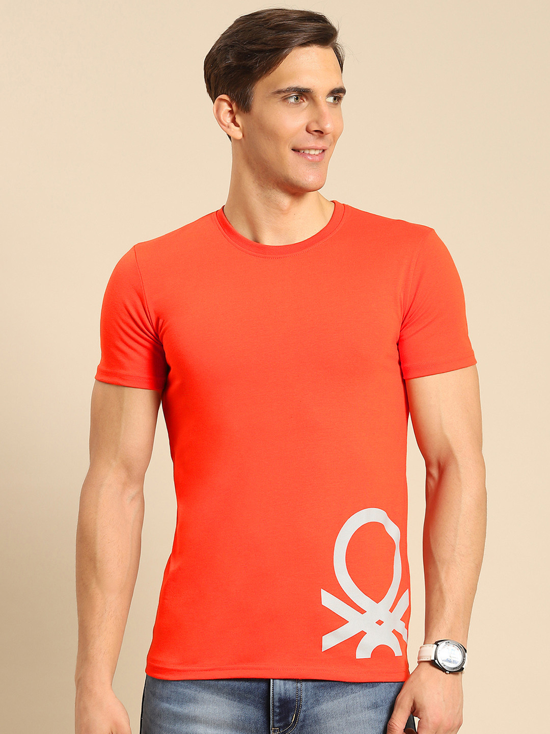 

United Colors of Benetton Men Rust Orange Brand Logo Printed T-shirt