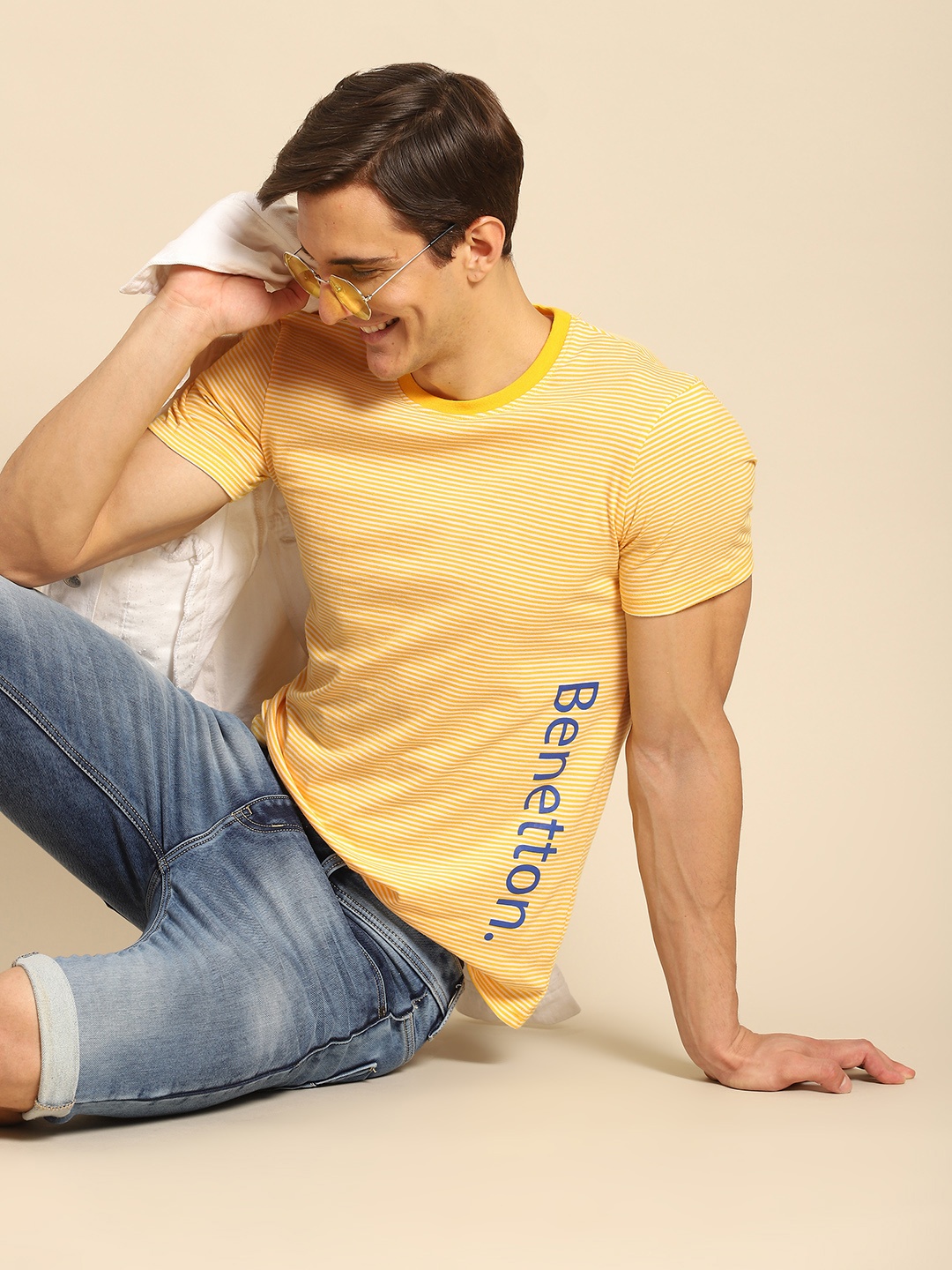 

United Colors of Benetton Men Yellow & White Striped T-shirt