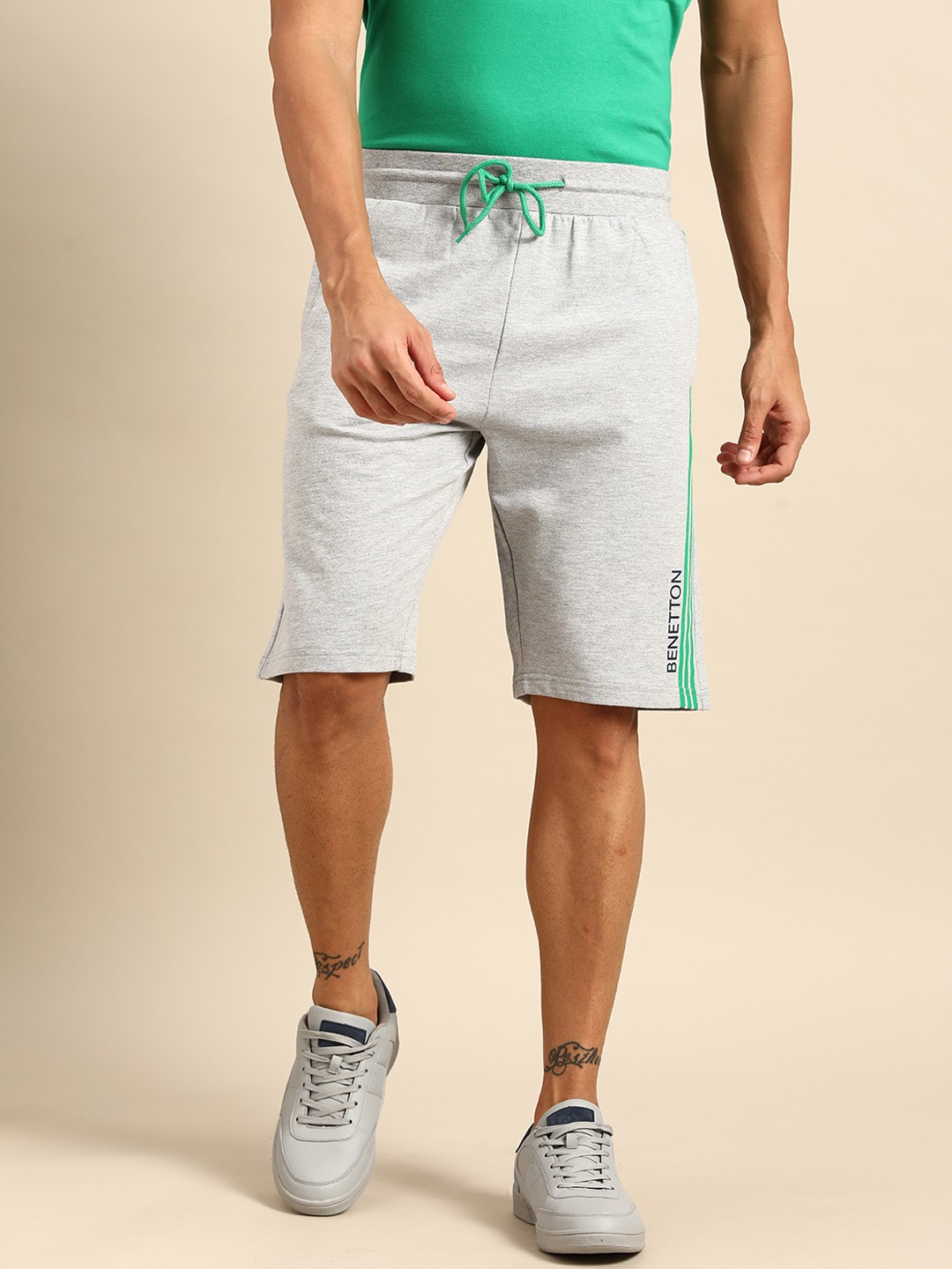 

United Colors of Benetton Men Grey Melange Brand Logo Printed Shorts