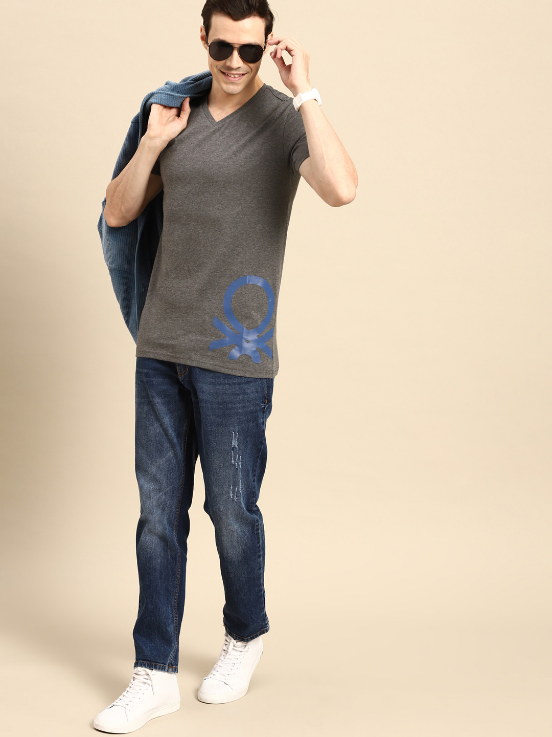 

United Colors of Benetton Men Charcoal with Melange Effect Brand Logo V-Neck T-shirt