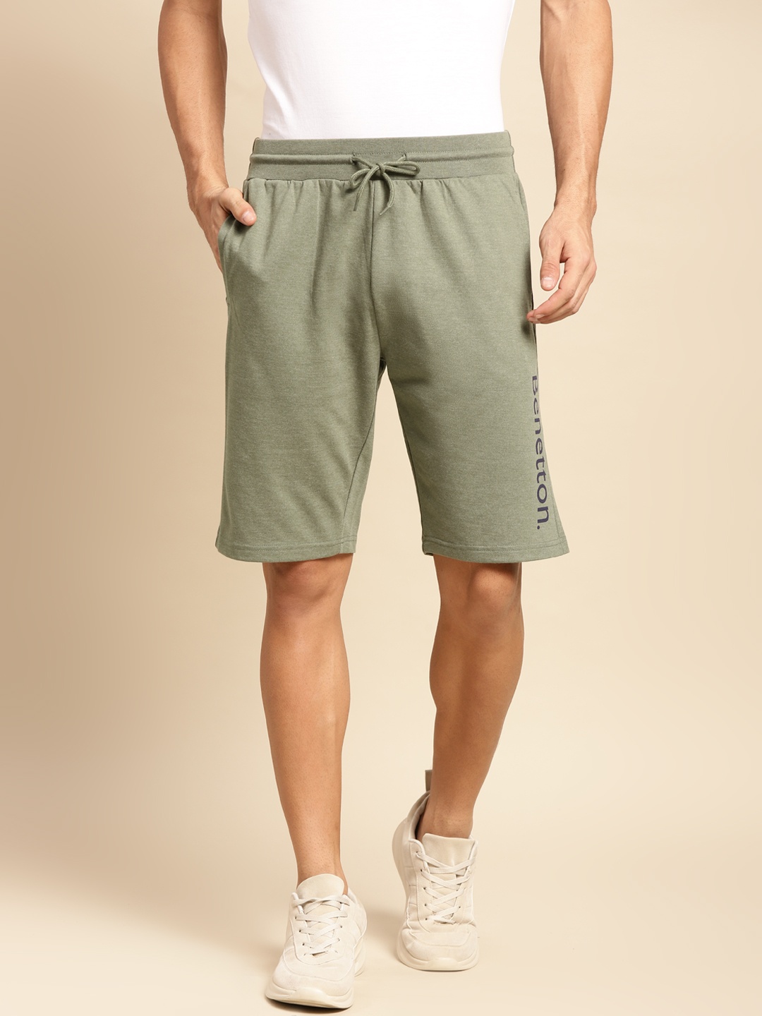 

United Colors of Benetton Men Olive Green Brand Logo Printed Shorts