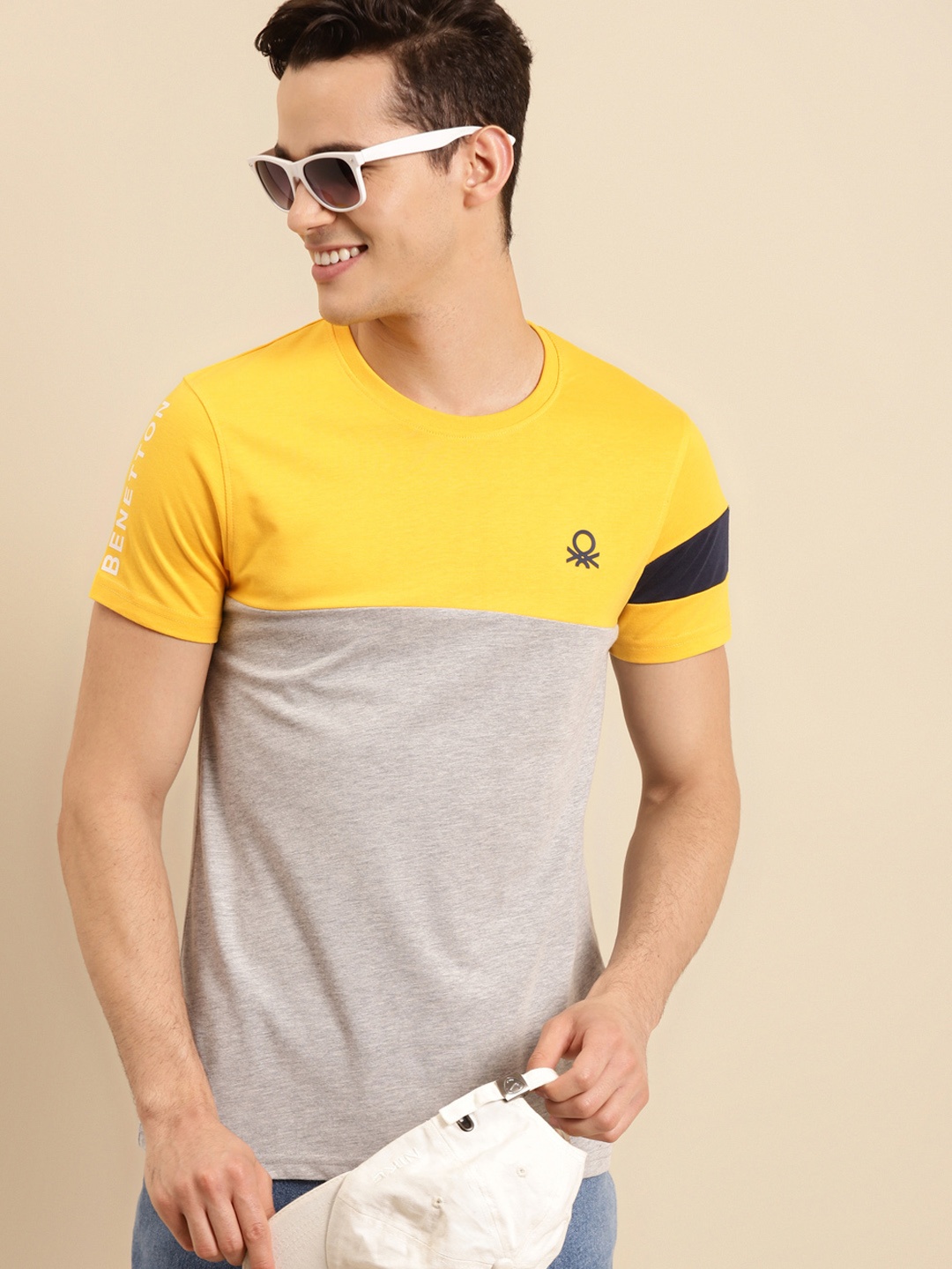 

United Colors of Benetton Men Yellow & Grey Colourblocked T-shirt