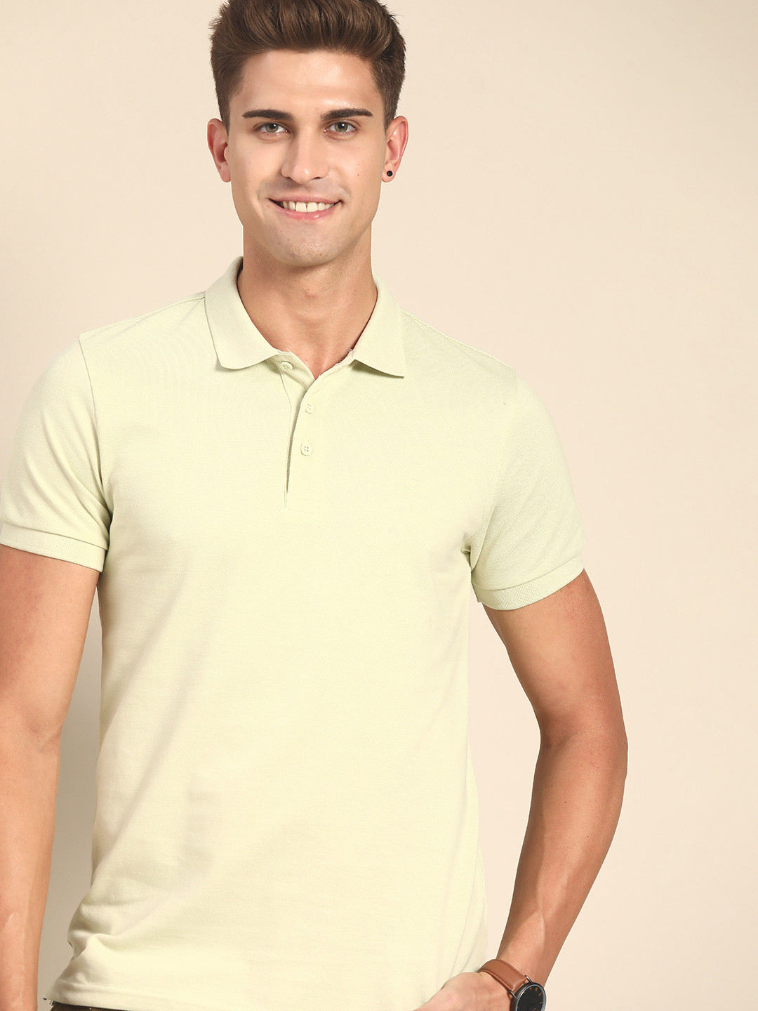 

United Colors of Benetton Men Green Polo Collar Pure Cotton T-shirt