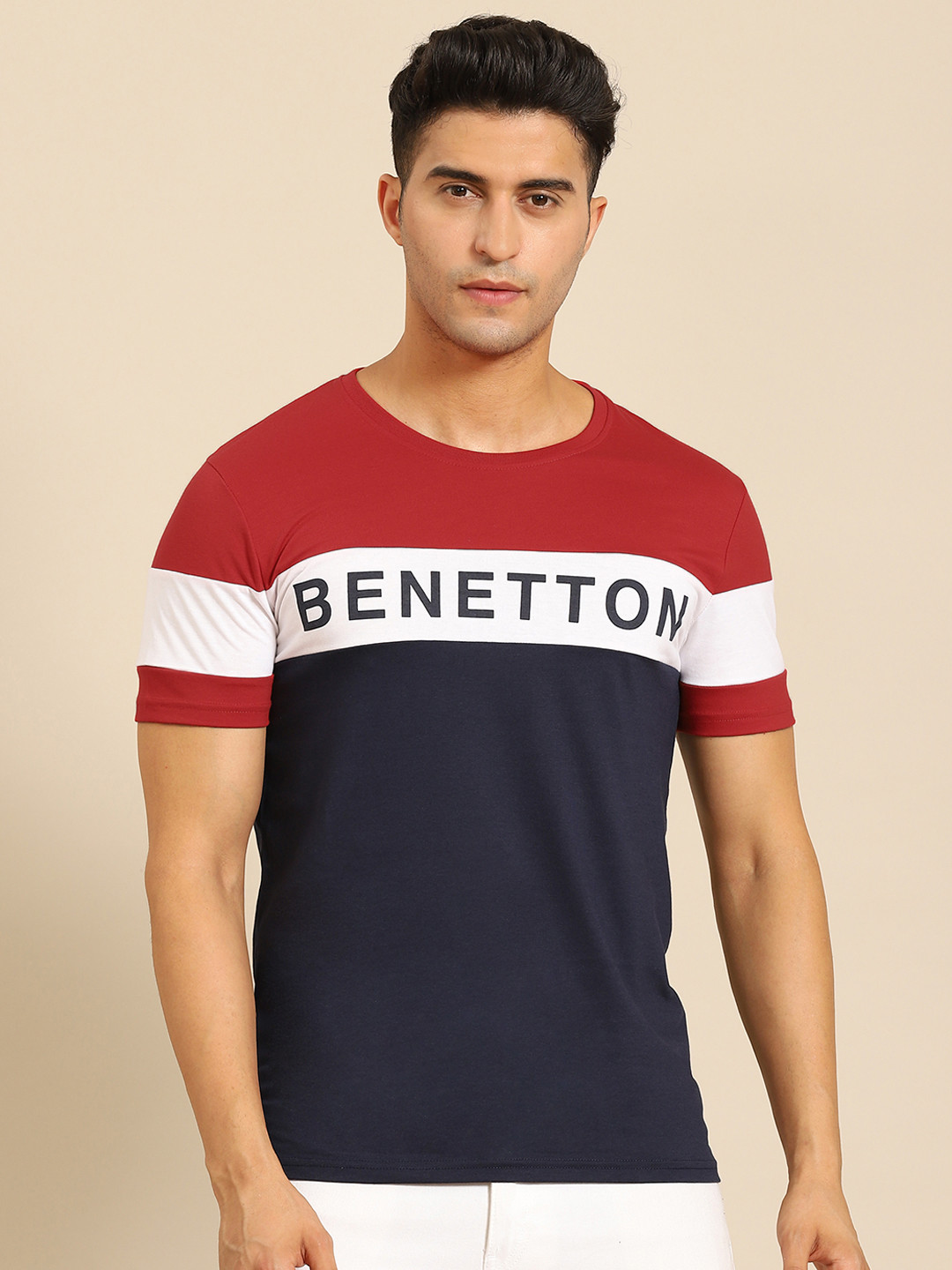

United Colors of Benetton Men Navy Blue & White Colourblocked T-shirt