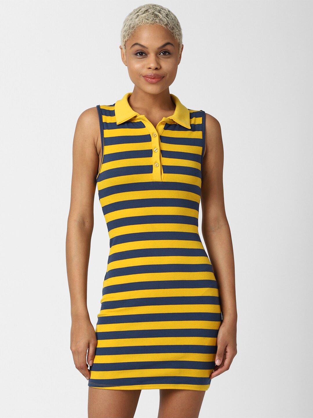 

FOREVER 21 Yellow & Navy Blue Striped Bodycon Mini Dress