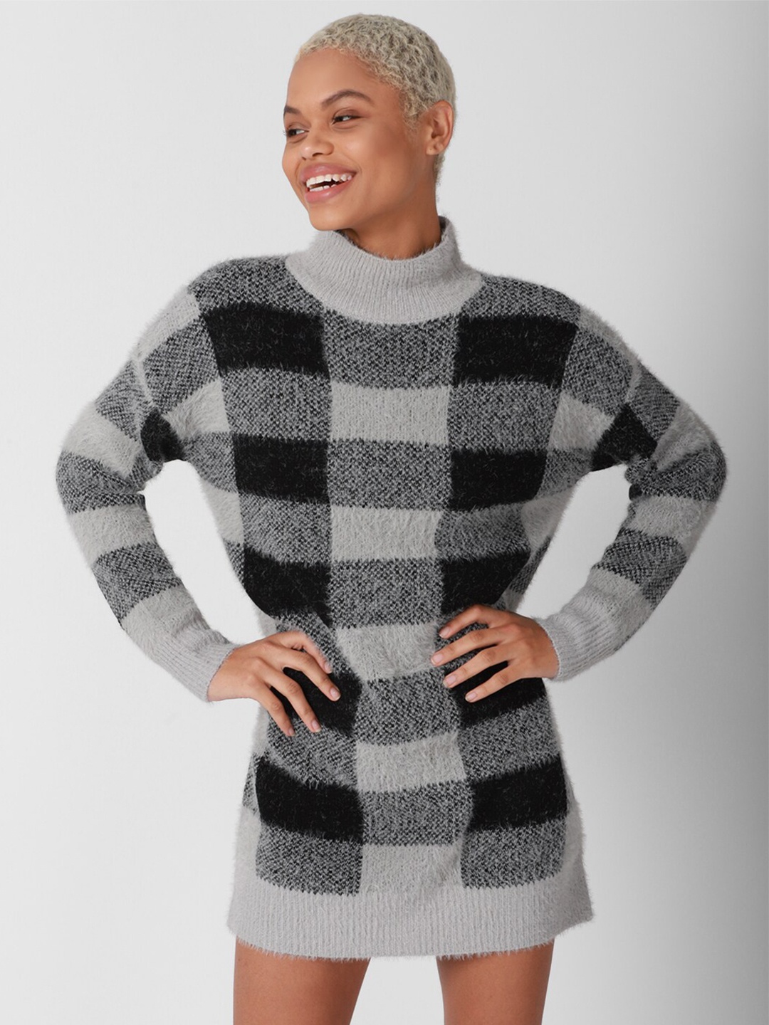 

FOREVER 21 Women Black Checked Sweater Mini Dress