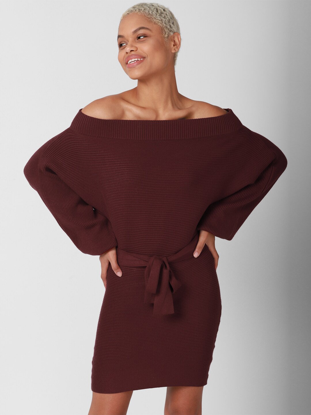 

FOREVER 21 Women Maroon Off-Shoulder Sheath Dress