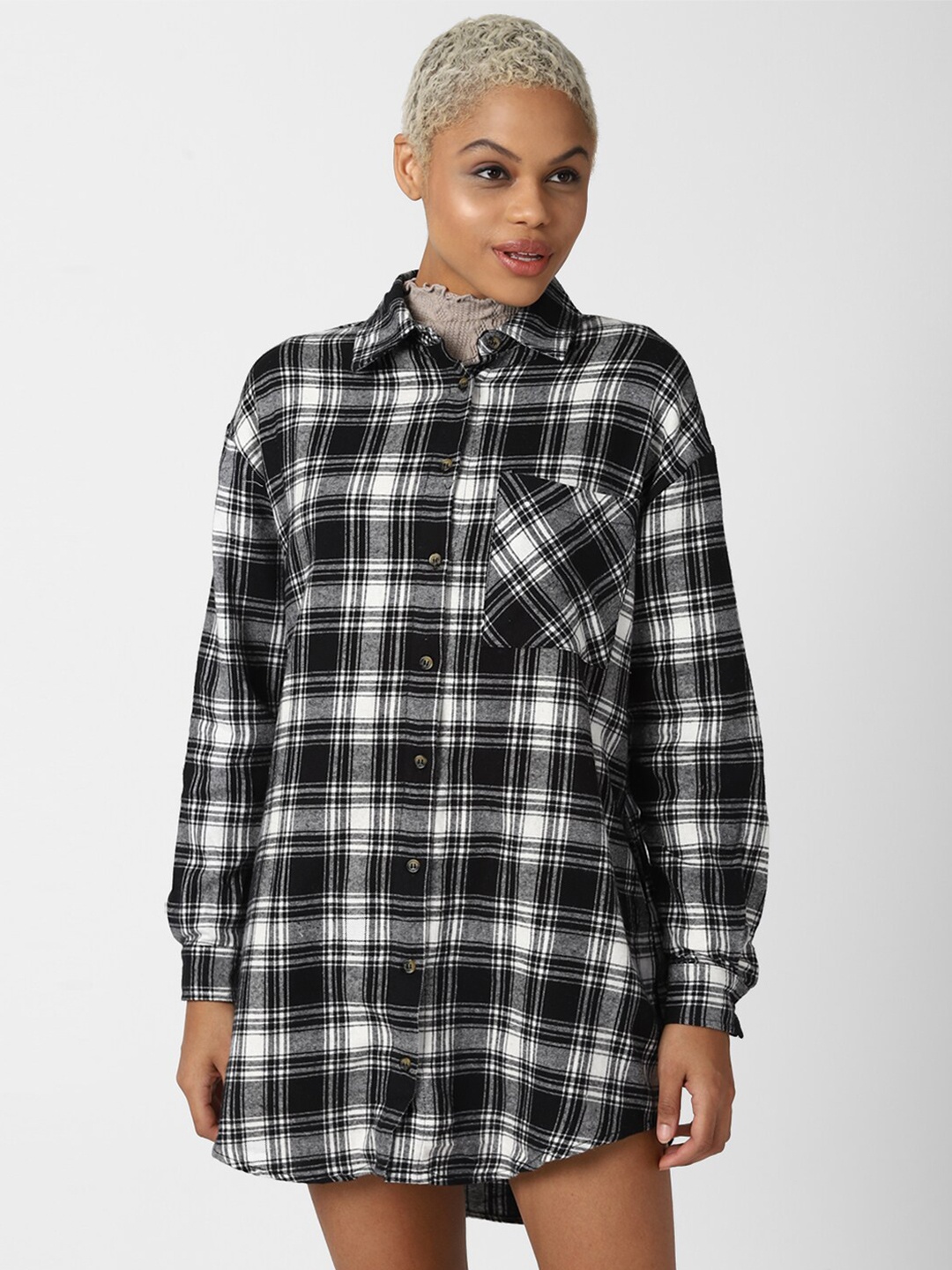 

FOREVER 21 Black & White Checked Pure Cotton Shirt Dress
