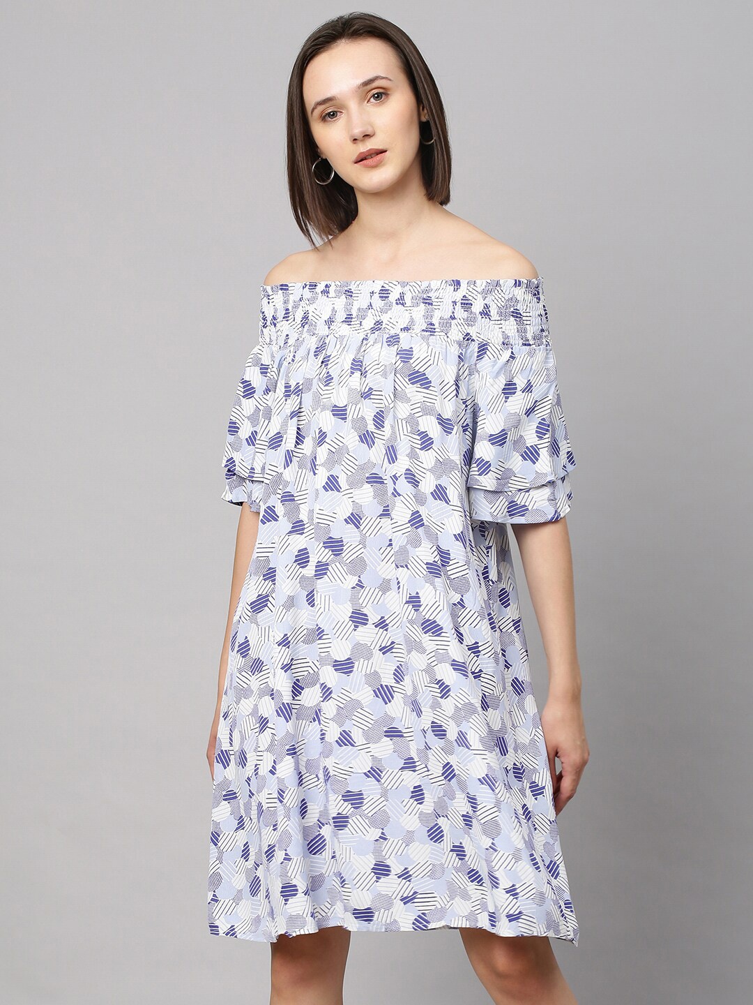

Chemistry Women Blue Off-Shoulder Crepe A-Line Dress
