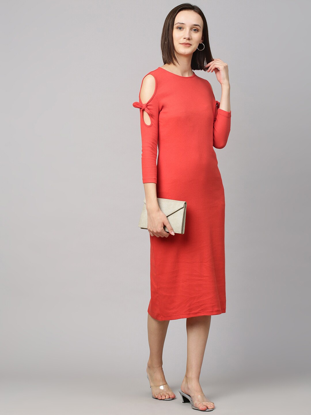 

Chemistry Women Red Sheath Midi Knitted Dress