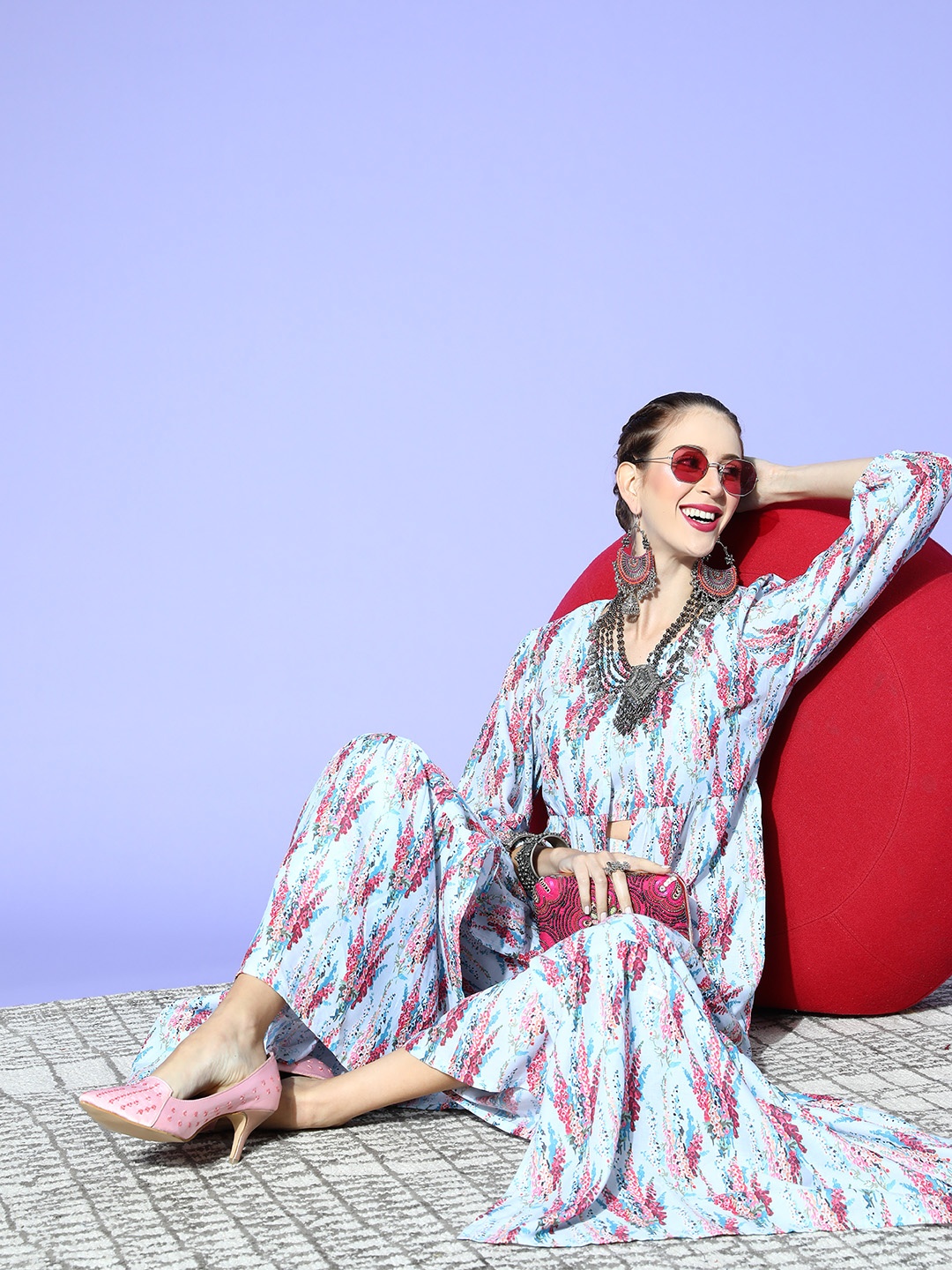 

ZIYAA Women Stunning Blue Printed Top with Palazzos
