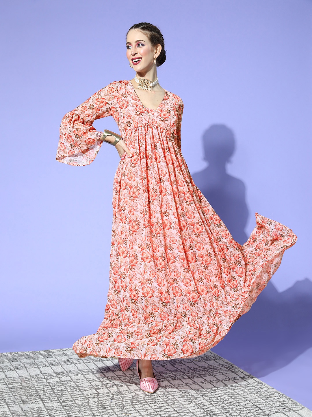 

ZIYAA Women Bright Orange Floral Sun Dress
