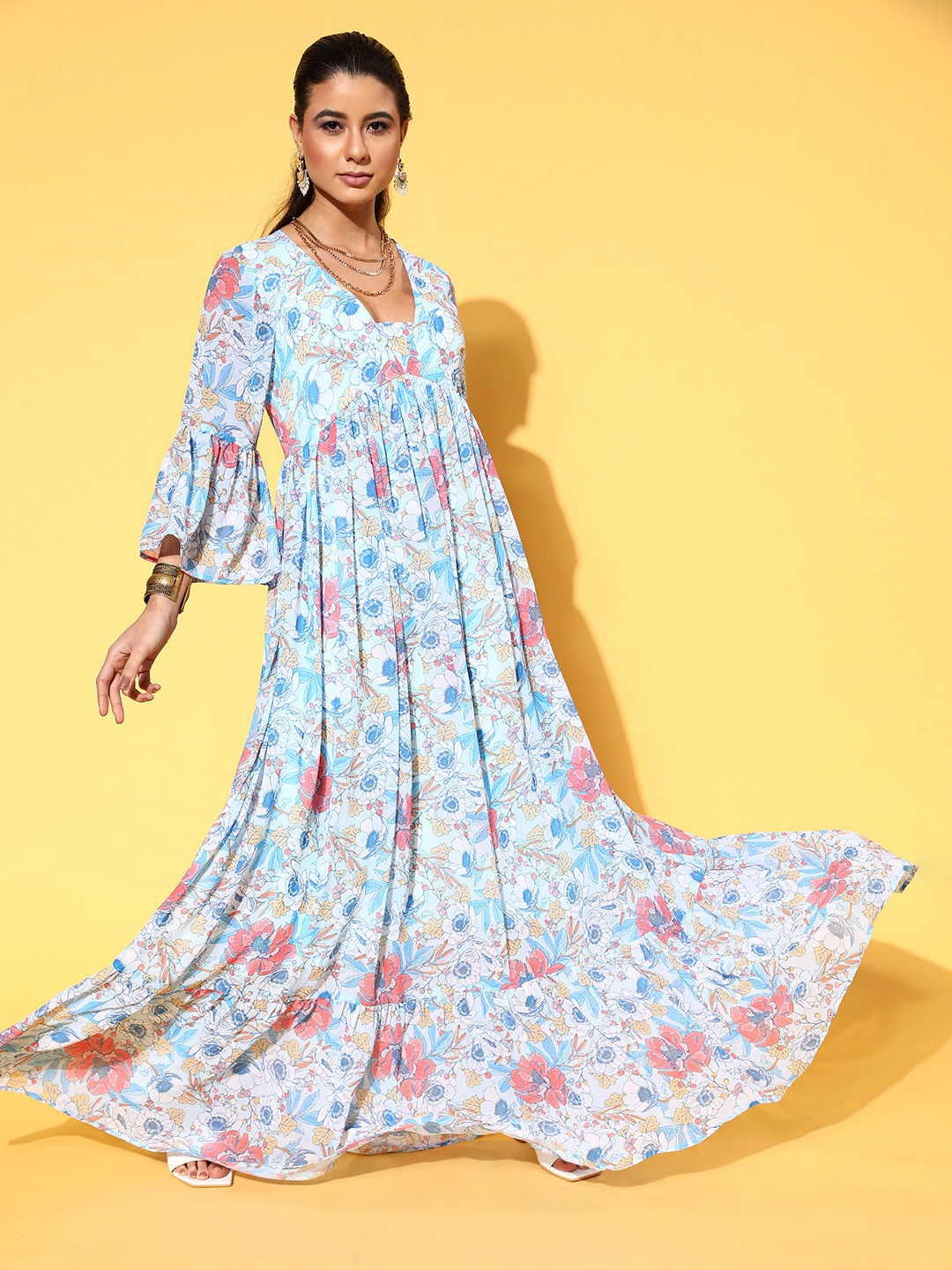 

ZIYAA Women Stunning Blue Floral New Neckline Dress