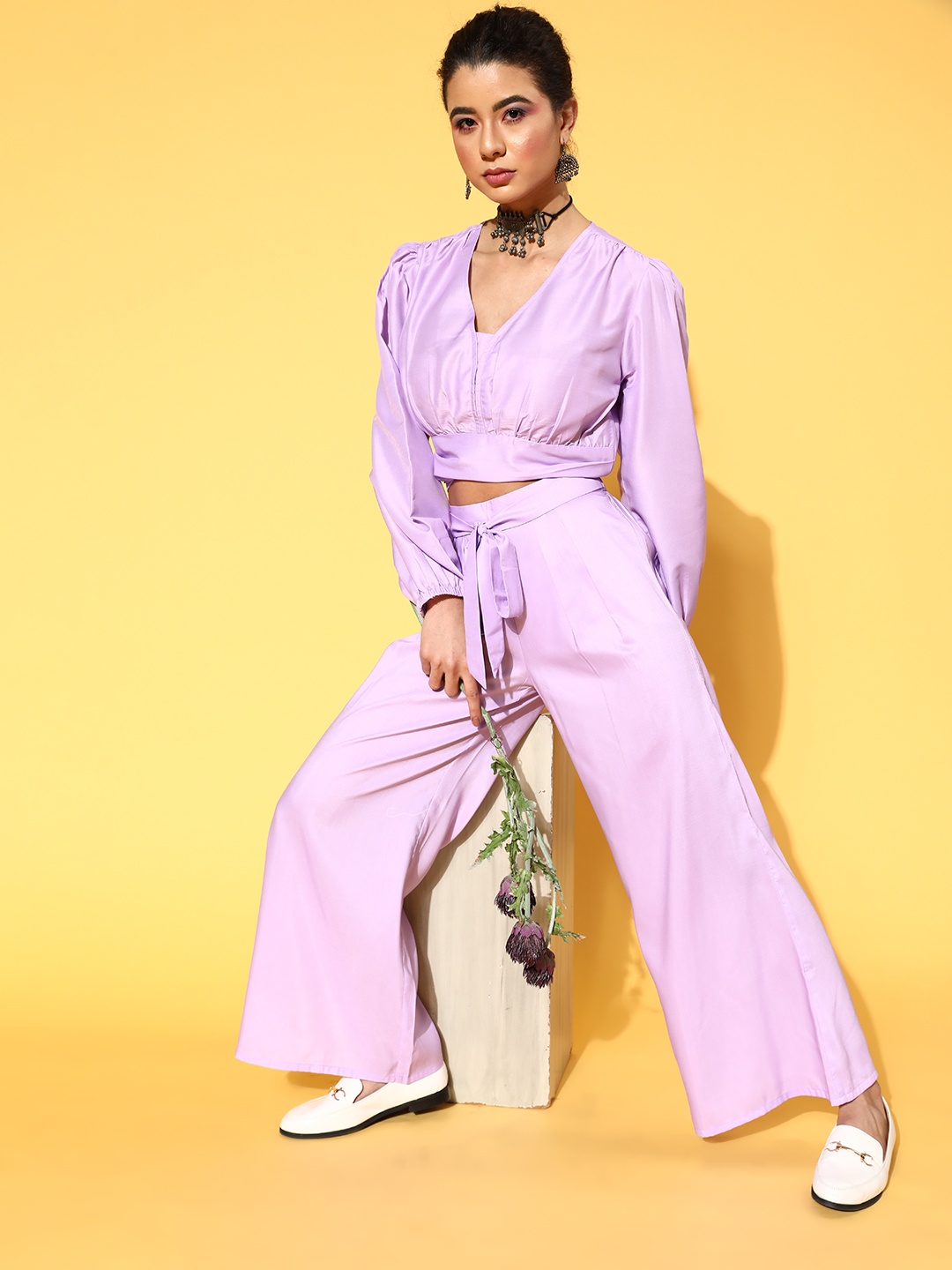 

ZIYAA Women Elegant Lavender Solid Top with Palazzos
