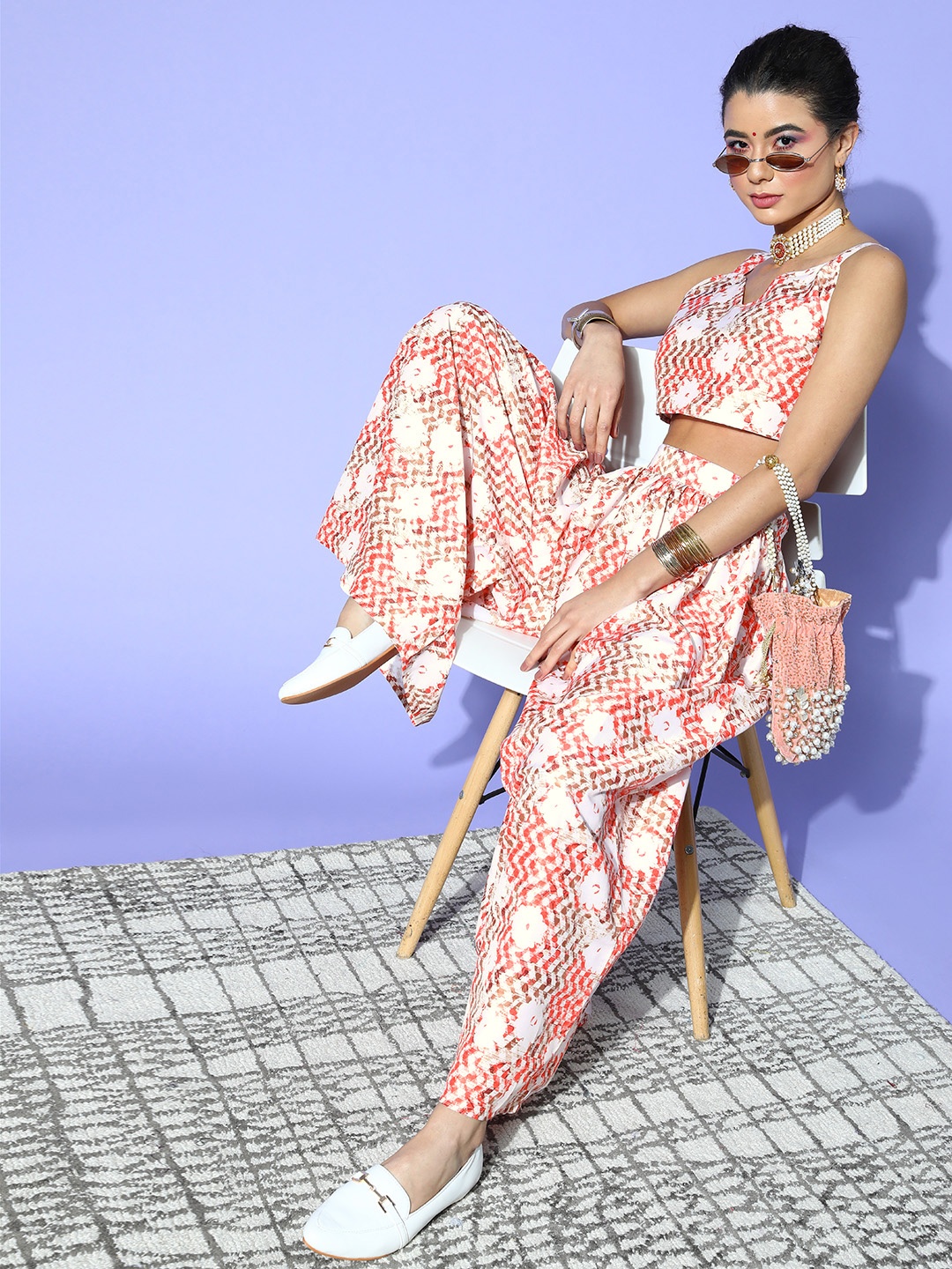 

ZIYAA Women Classic White Printed Top with Palazzos
