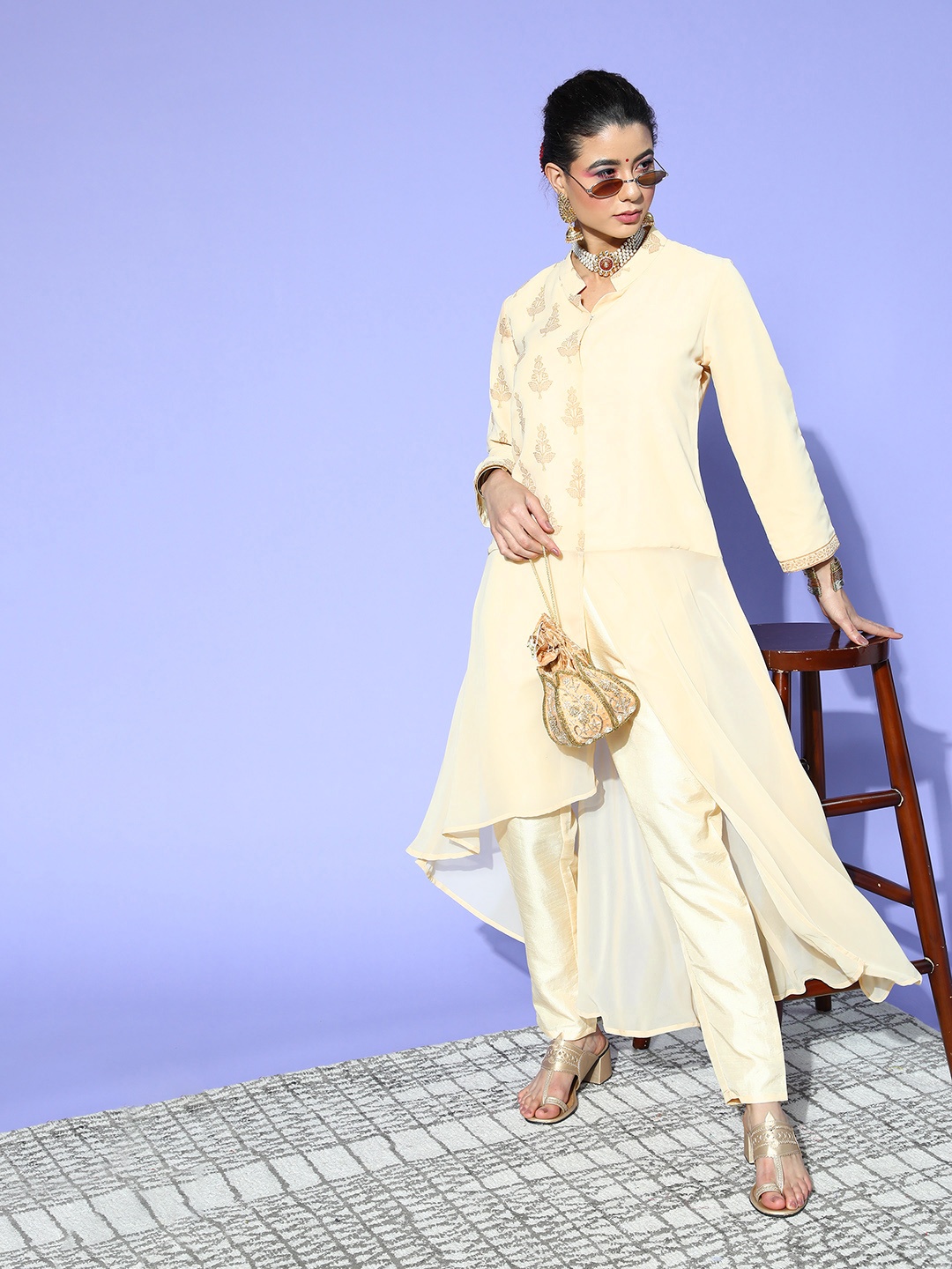 

ZIYAA Ethnic Motifs Poly Georgette Asymmetric Hemline Kurta Set, Cream