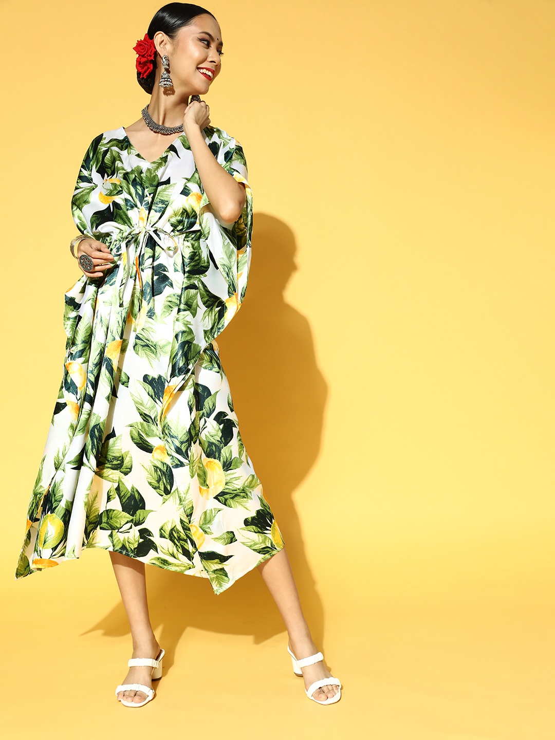 

PANIT Green & White Floral Satin Ethnic Kaftan Midi Dress
