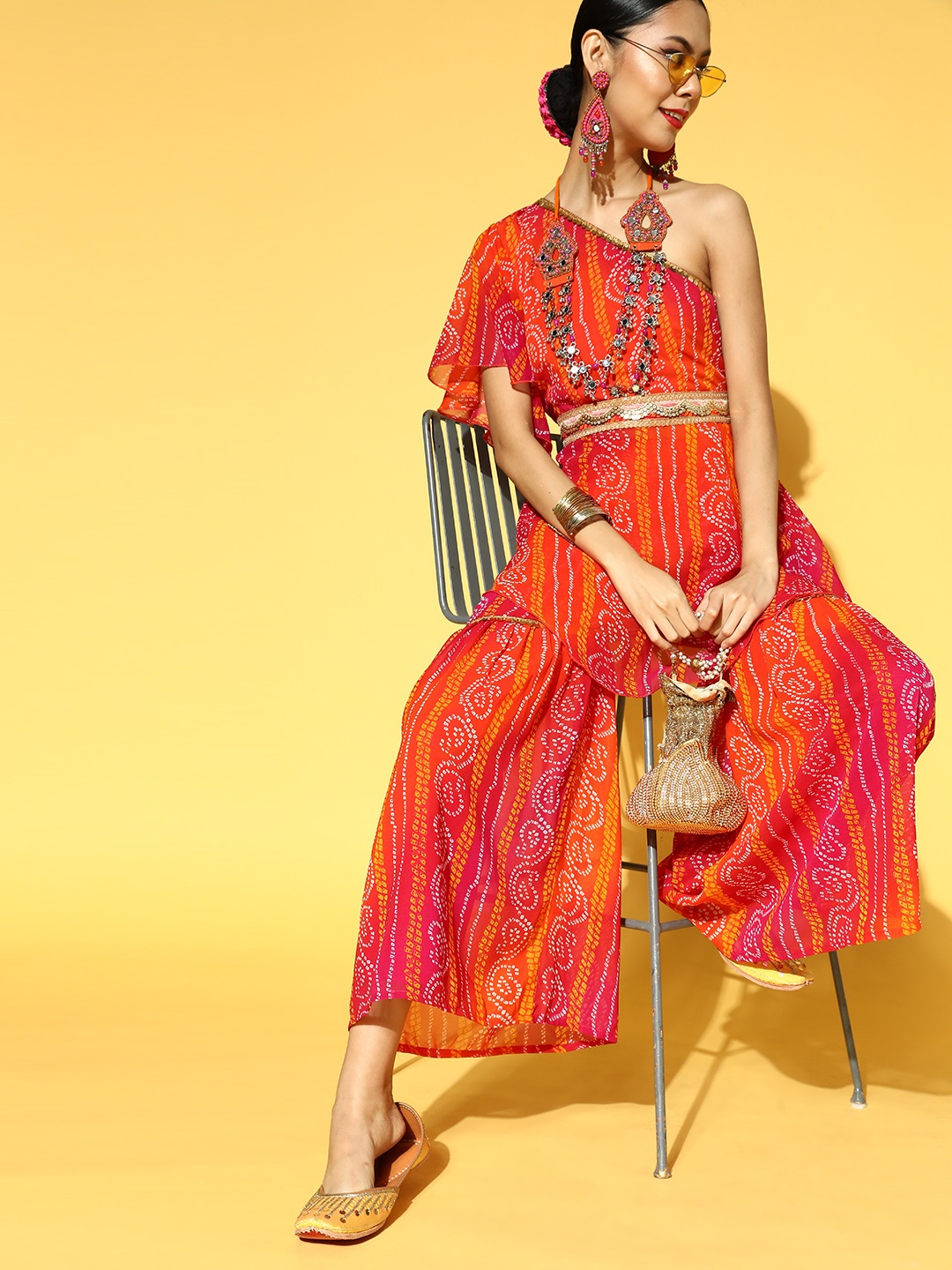 

PANIT Women Orange & Pink Bandhani Printed One Shoulder Kurta & Sharara with Belt
