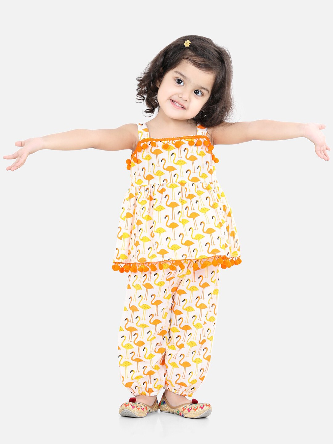 

BownBee Girls Orange Floral Printed Pure Cotton Kurti with Salwar