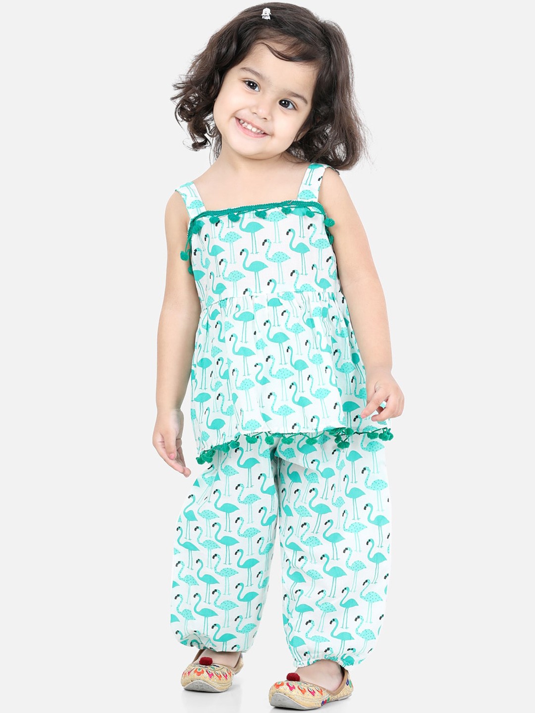

BownBee Girls Green Floral Printed Pure Cotton Top with Dhoti Pants