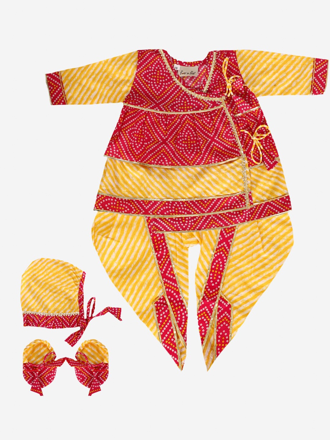 

BownBee Girls Yellow & Red Bandhani & Leheriya Printed Kurta With Dhoti Pants
