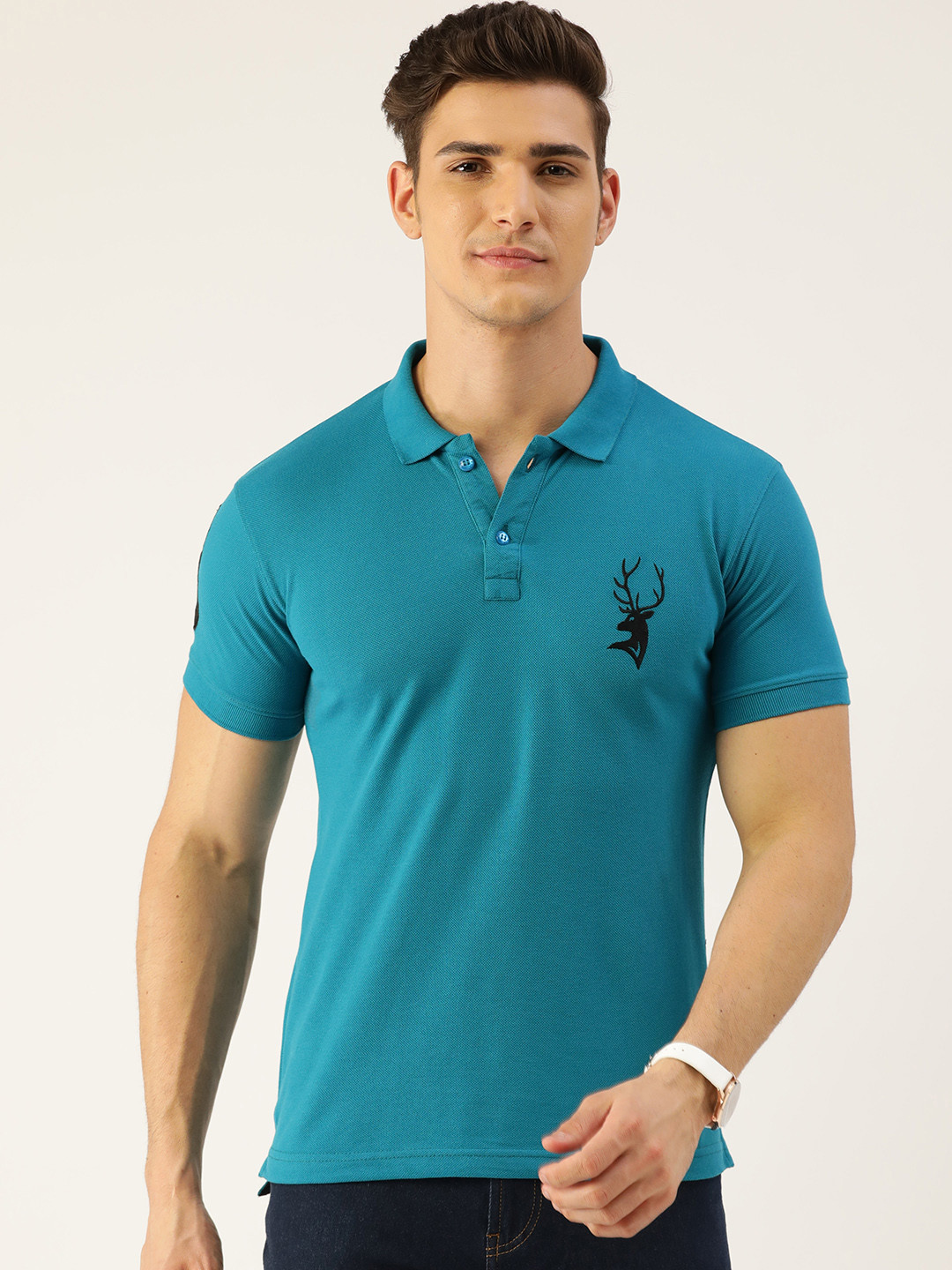 

PORTBLAIR Men Teal Blue Polo Collar T-shirt