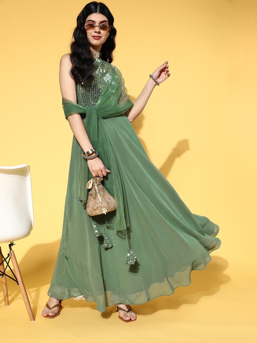 

Inddus Lovely Olive Georgette Gown for Days Kurta