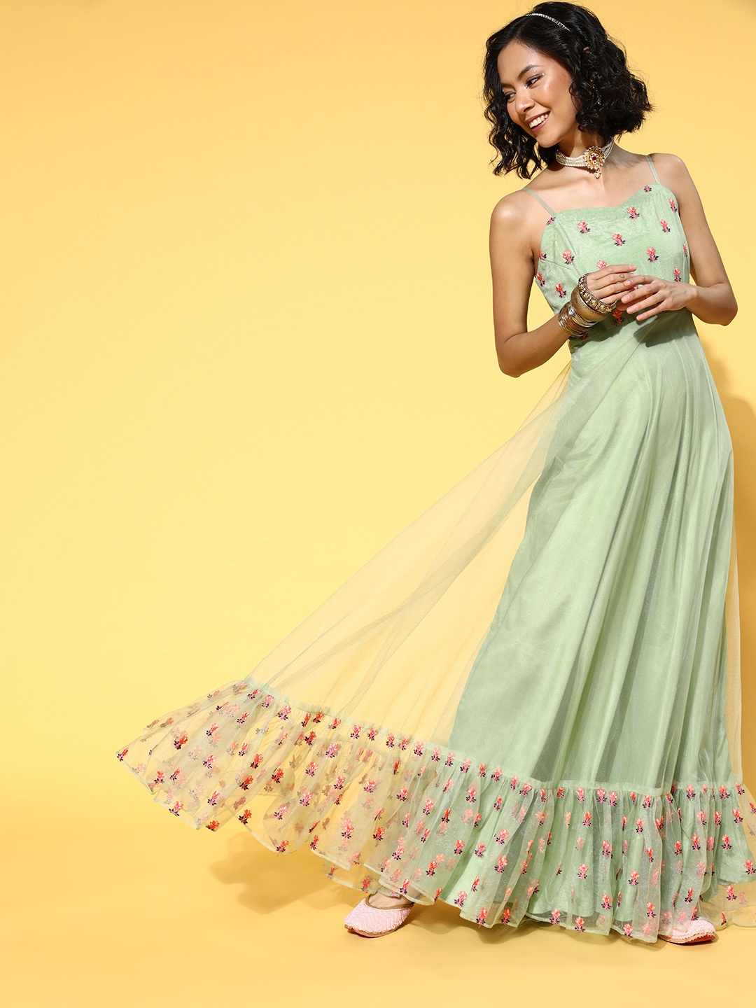 

Inddus Women Gorgeous Green Floral Gown for Days