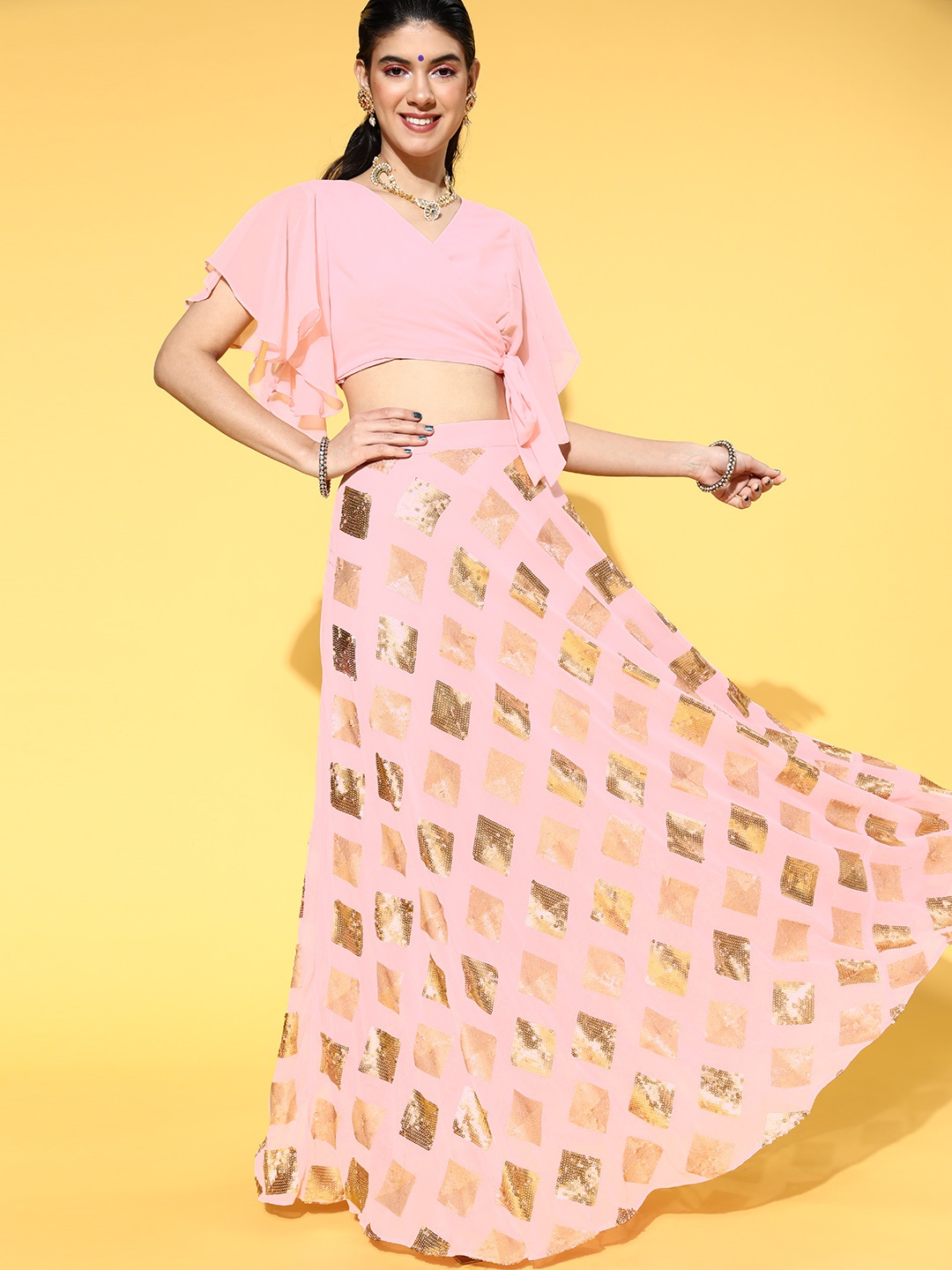 

Inddus Pretty Women Pink & Gold-Toned Solid Crop Top with Embellished Maxi Skirt