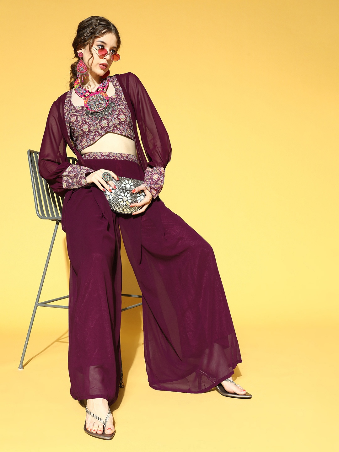 

Inddus Women Burgundy Printed Co-Ords With Shrug