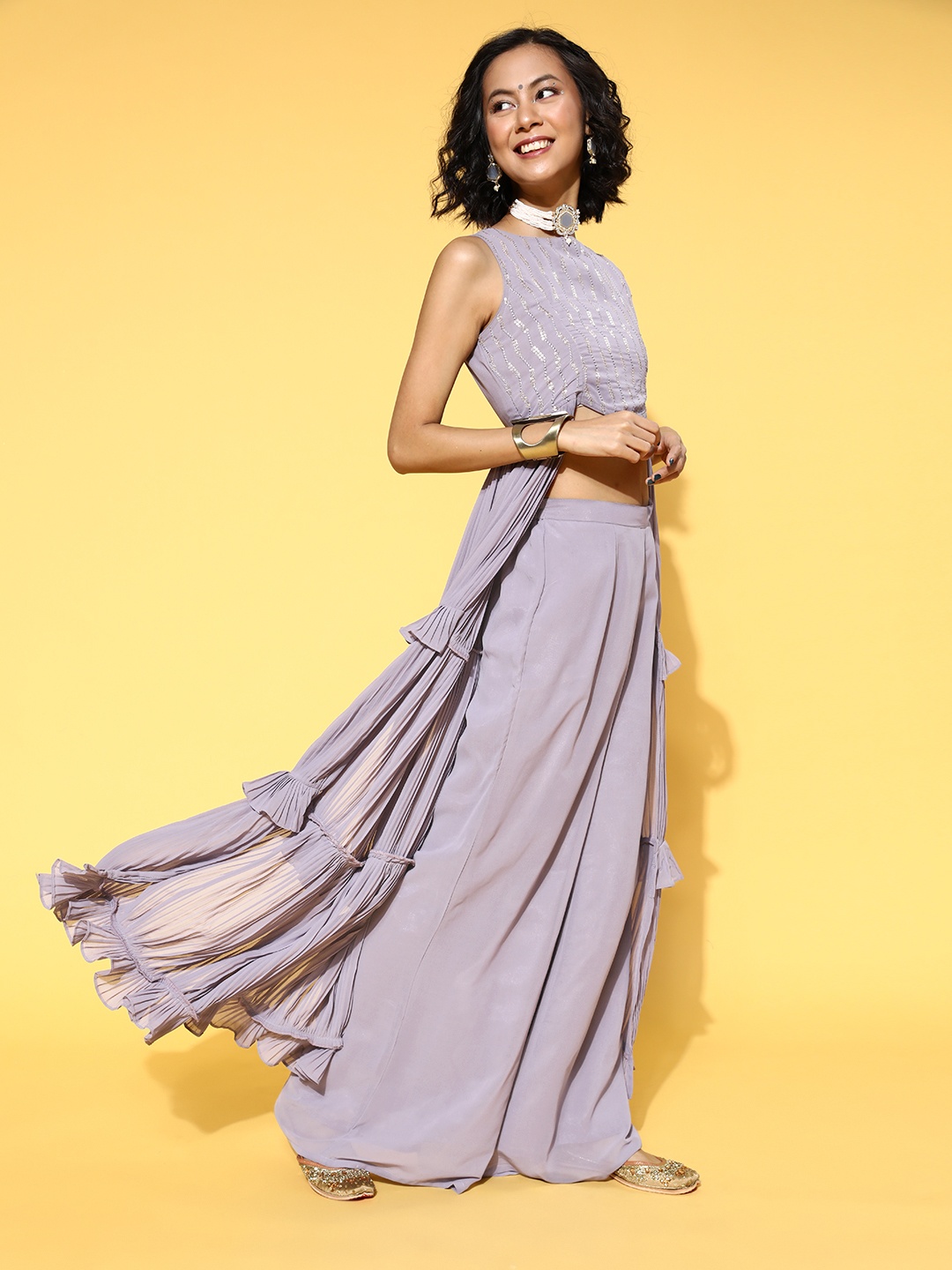 

Inddus Women Elegant Lavender Embellished Top with Solid Palazzos