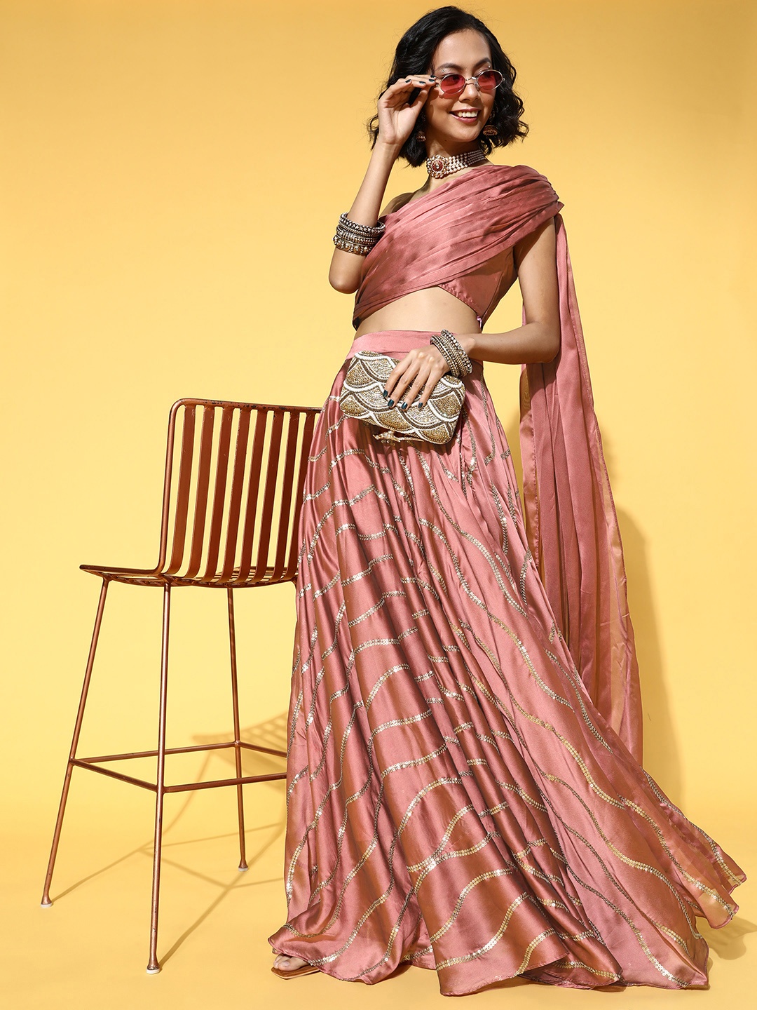 

Inddus Elegant Women Mauve & Gold-Toned Solid Crop Top with Embellished Maxi Skirt