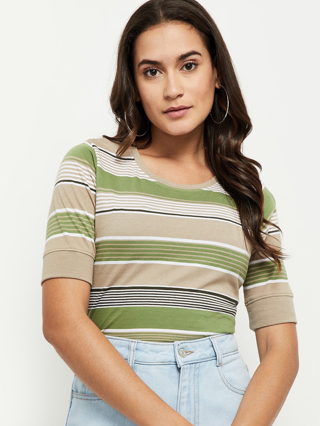 

max Women Beige & Green Striped V-Neck T-shirt