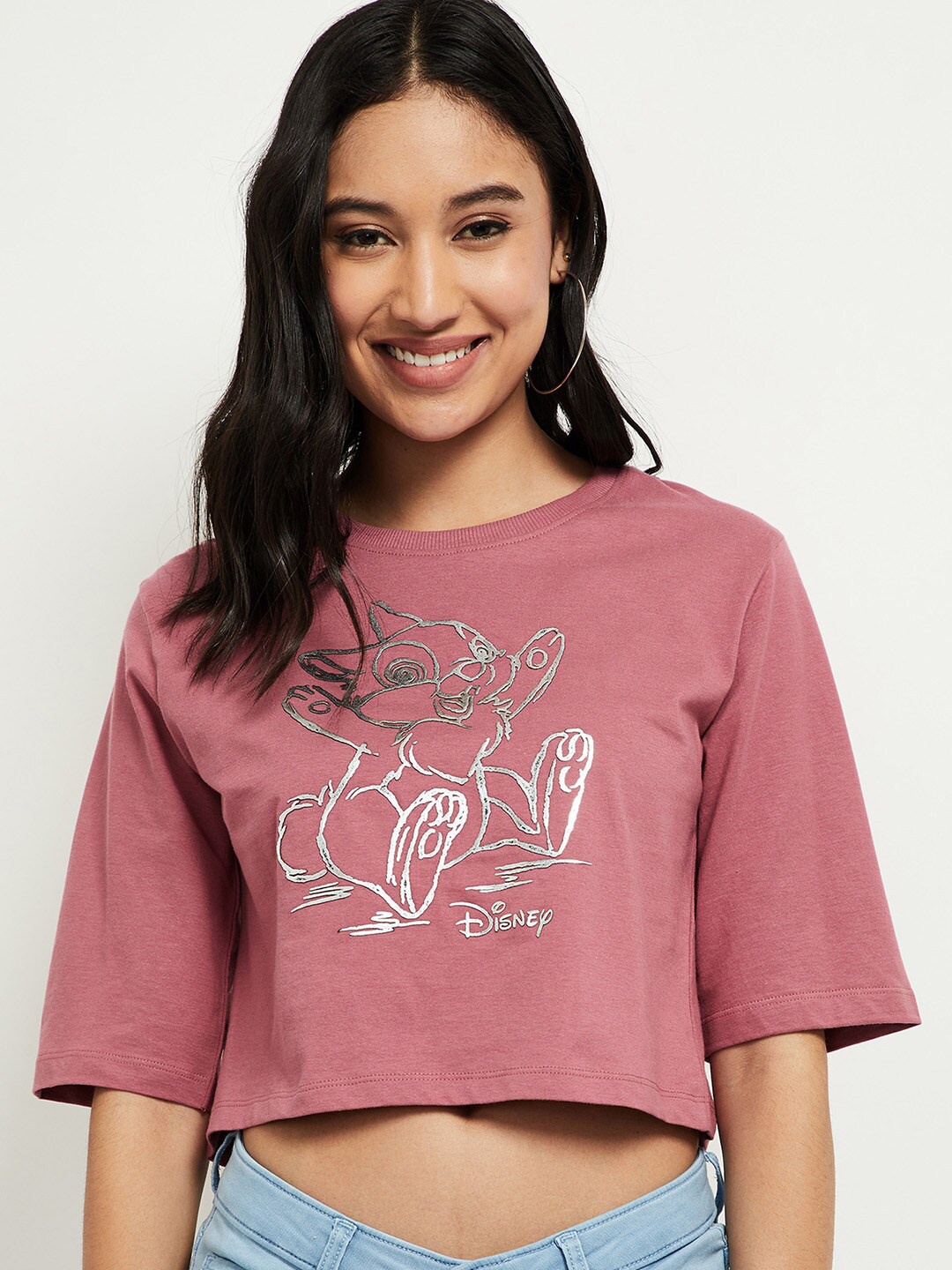 

max Women Mauve Typography Printed Crop T-shirt
