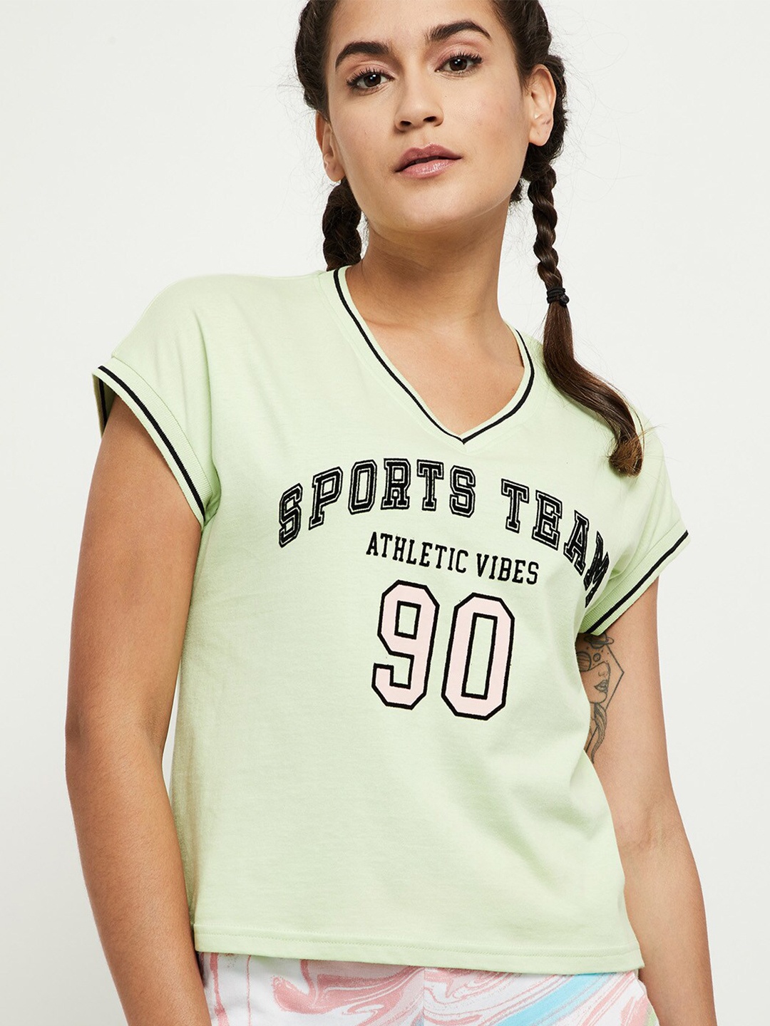 

max Women Green Typography Printed V-Neck Extended Sleeves Cotton T-shirt