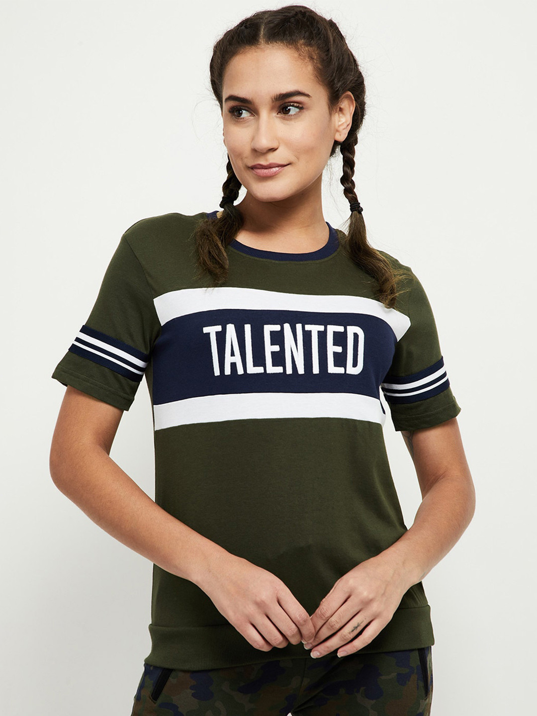 

max Women Green Typography Colourblocked Cotton T-shirt