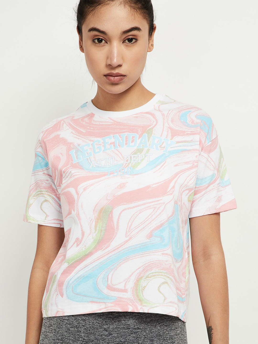 

max Women Pink & Blue Printed Drop-Shoulder Sleeves T-shirt