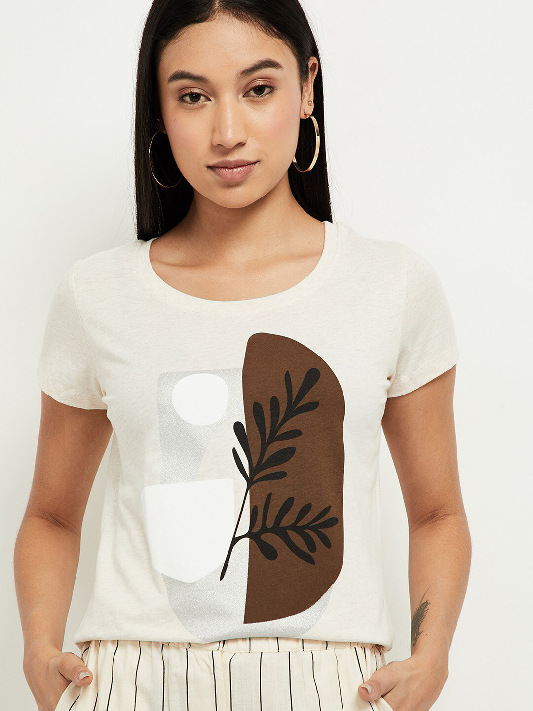 

max Women Beige & Brown Printed T-shirt