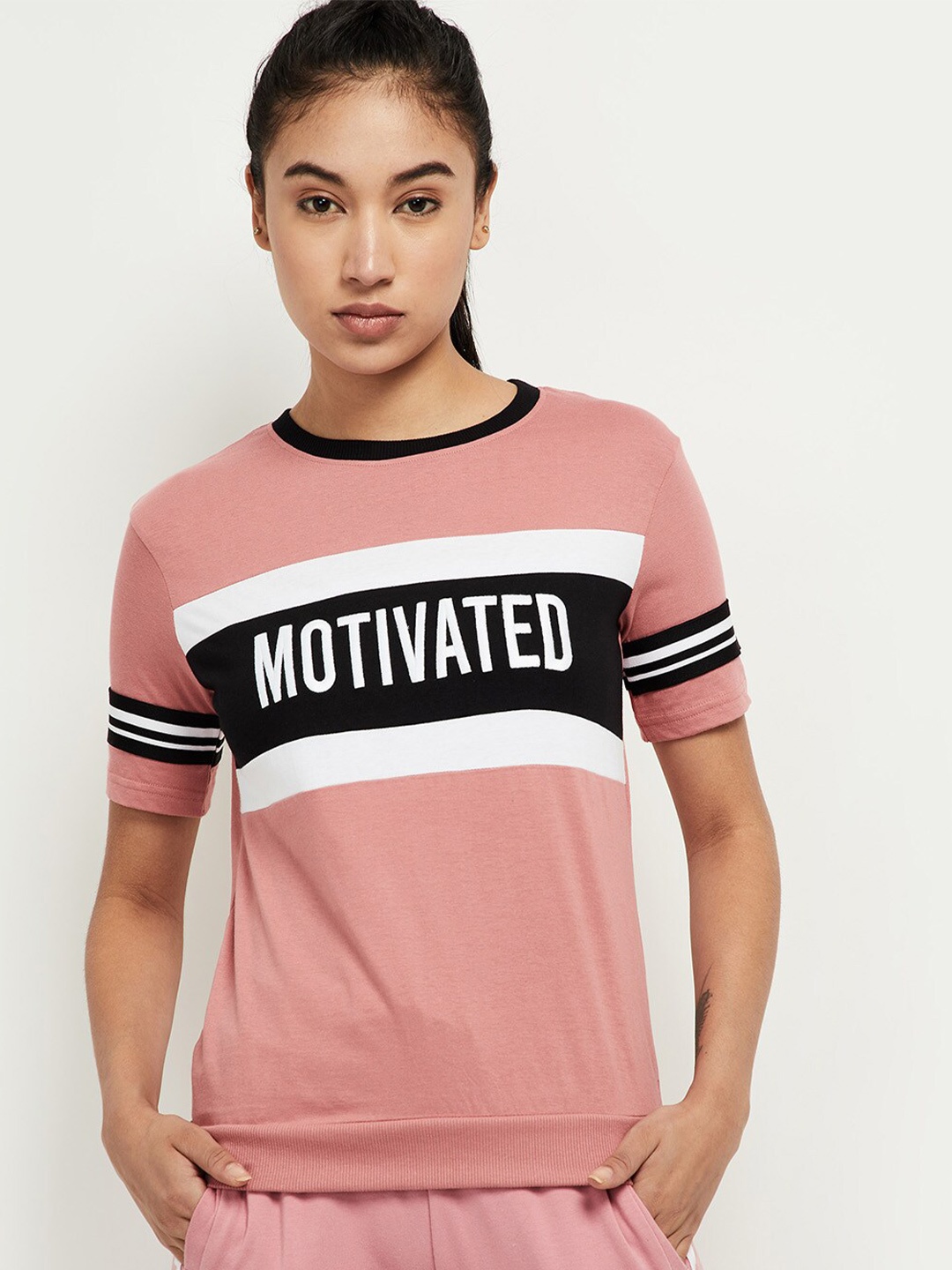 

max Women Peach-Coloured Typography Printed Pure Cotton T-shirt