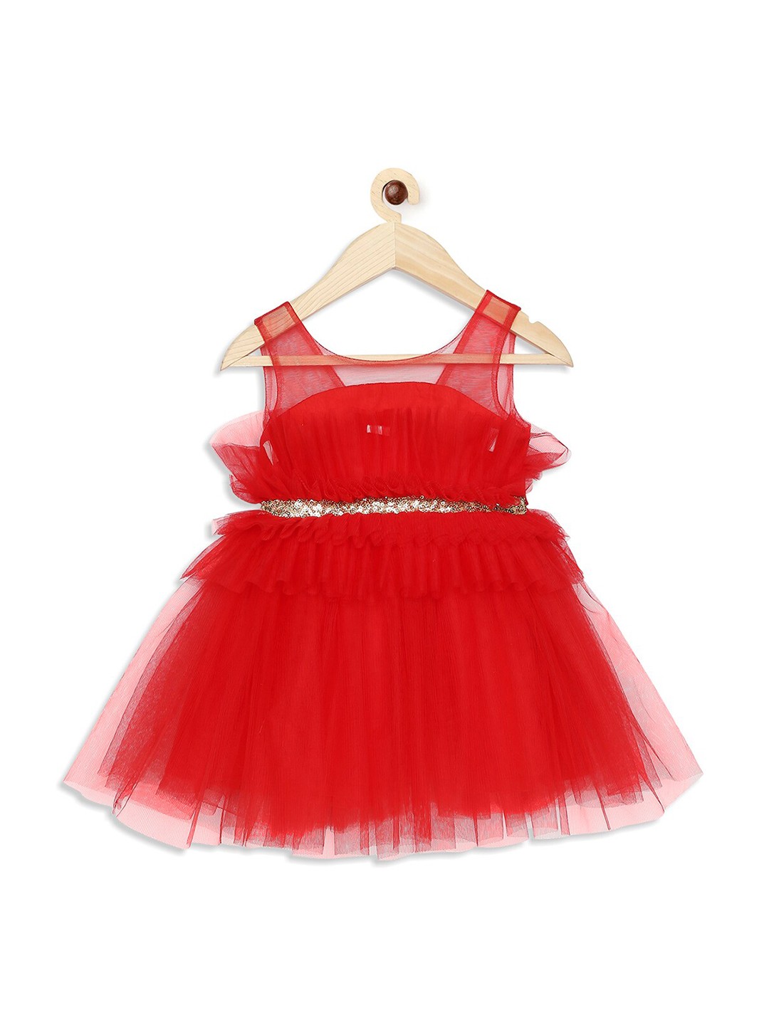 

MANY FROCKS Girls Red Embellished Net Dress